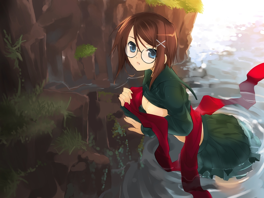 takashiro nana, cartagra, 1girl, against wall, blue eyes, breasts, brown hair, cleavage, clothes lift, female focus, glasses, grass, hair ornament, hairclip, large breasts, leaning forward, midriff, nature, no bra, open mouth, outdoors, parted bangs, pleated skirt, red scarf, rock, scarf, school uniform, serafuku, shirt lift, short hair, skirt, solo, standing, wading, water, wet, wet clothes