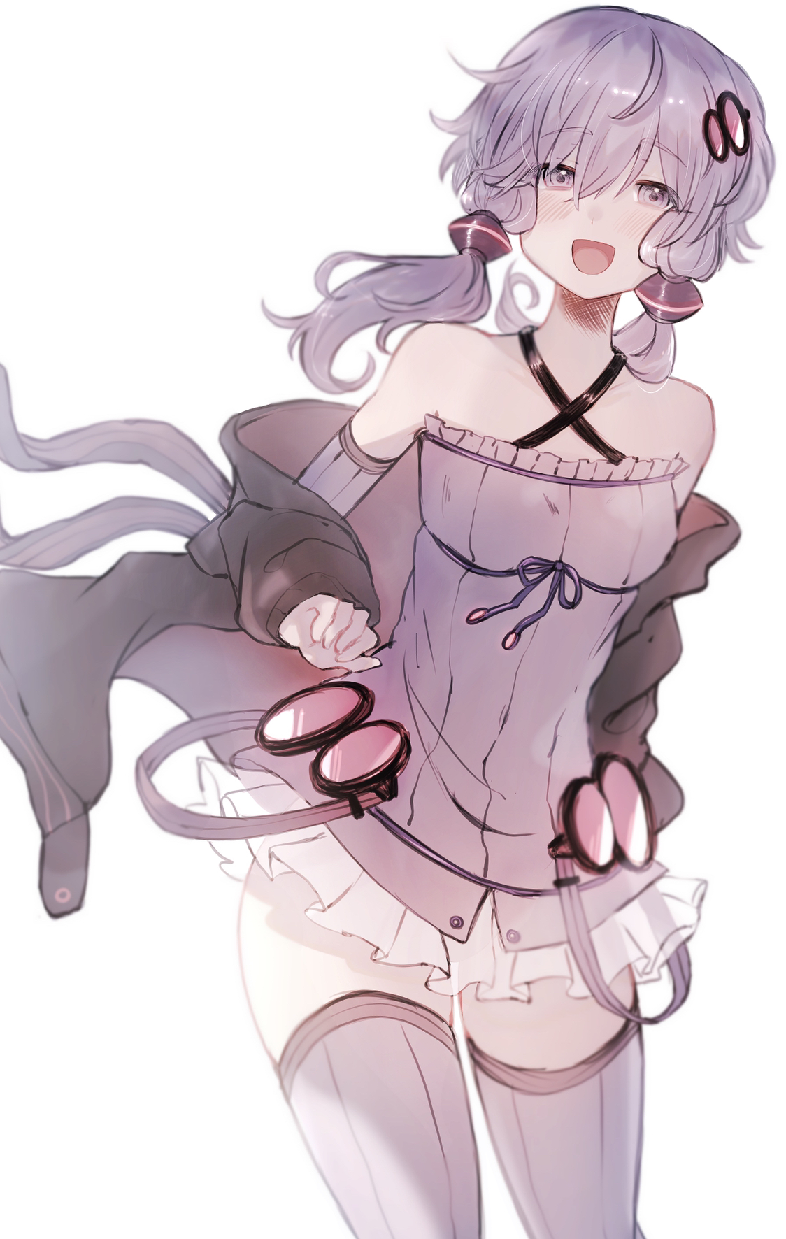 imamiya pinoko, yuzuki yukari, voiceroid, highres, 1girl, :d, breasts, open mouth, purple eyes, purple hair, short hair with long locks, small breasts, smile, solo, thighhighs, white background, zettai ryouiki