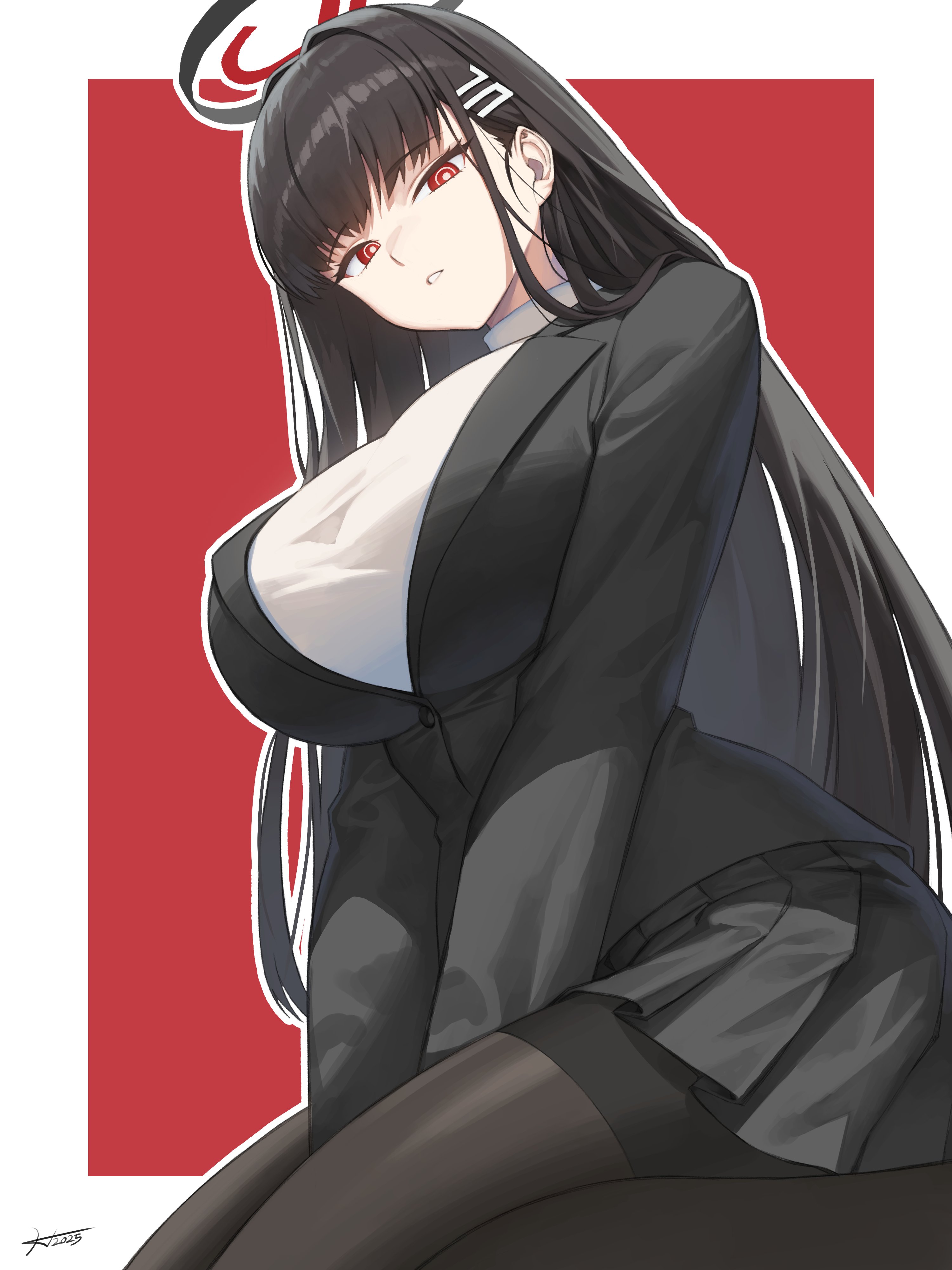 hichi, rio (blue archive), blue archive, absurdres, highres, 1girl, between legs, black hair, black jacket, black skirt, blazer, breasts, bright pupils, buttons, hair ornament, halo, hand between legs, jacket, large breasts, long hair, pantyhose, pleated skirt, red background, red eyes, shirt, signature, skirt, solo, thighband pantyhose, two-tone background, white background, white pupils, white shirt