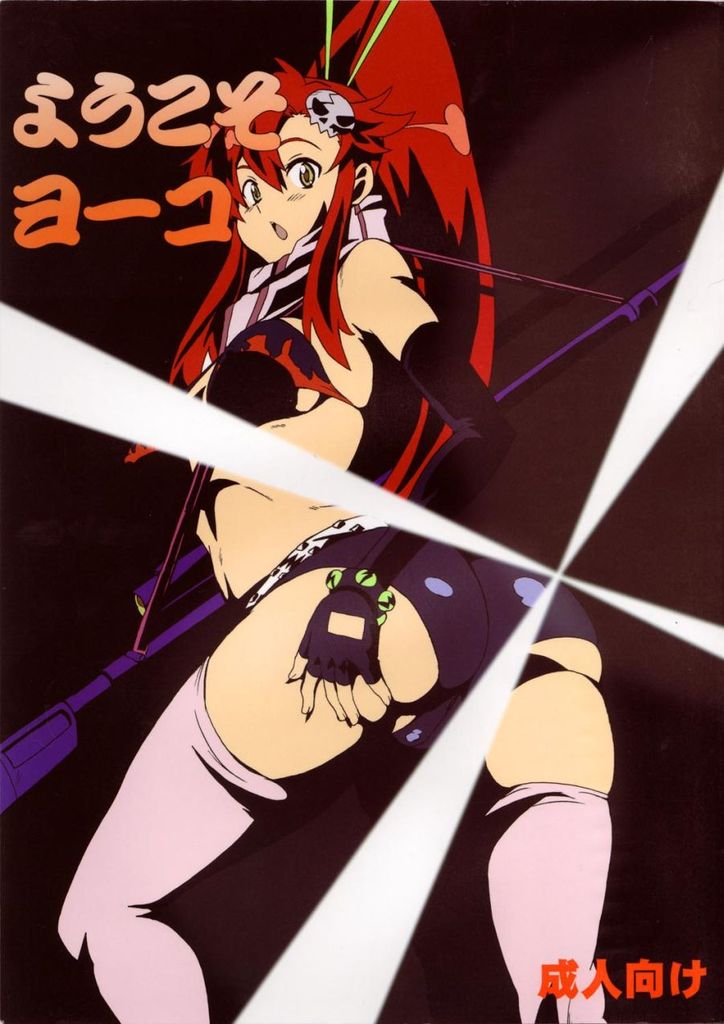 yoko littner, tengen toppa gurren lagann, scan, 00s, 1girl, ass, bikini, blush, breasts, female focus, gradient background, gun, long hair, red hair, shorts, solo, sunglasses, swimsuit, thighhighs, trimoon, weapon