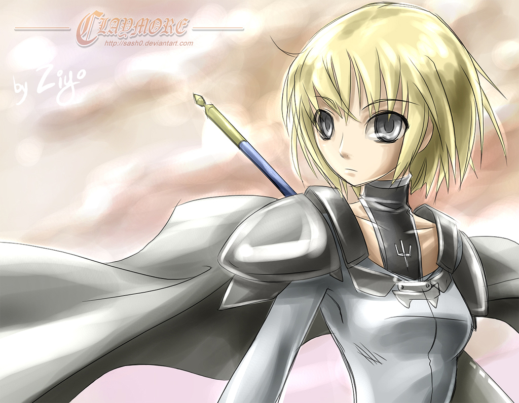 ziyo, ziyo ling, clare (claymore), claymore (series), 00s, 1girl, armor, blonde hair, cape, female focus, pauldrons, polearm, short hair, shoulder armor, solo, weapon