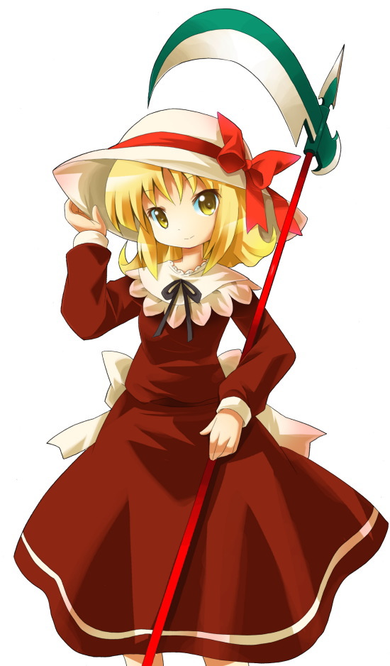 michii yuuki, elly (touhou), lotus land story, touhou, touhou (pc-98), 1girl, adjusting clothes, adjusting headwear, blonde hair, bow, brown dress, dress, female focus, hat, hat ribbon, long sleeves, red ribbon, ribbon, sash, scythe, short hair, simple background, solo, white background, white bow, white hat, yellow eyes