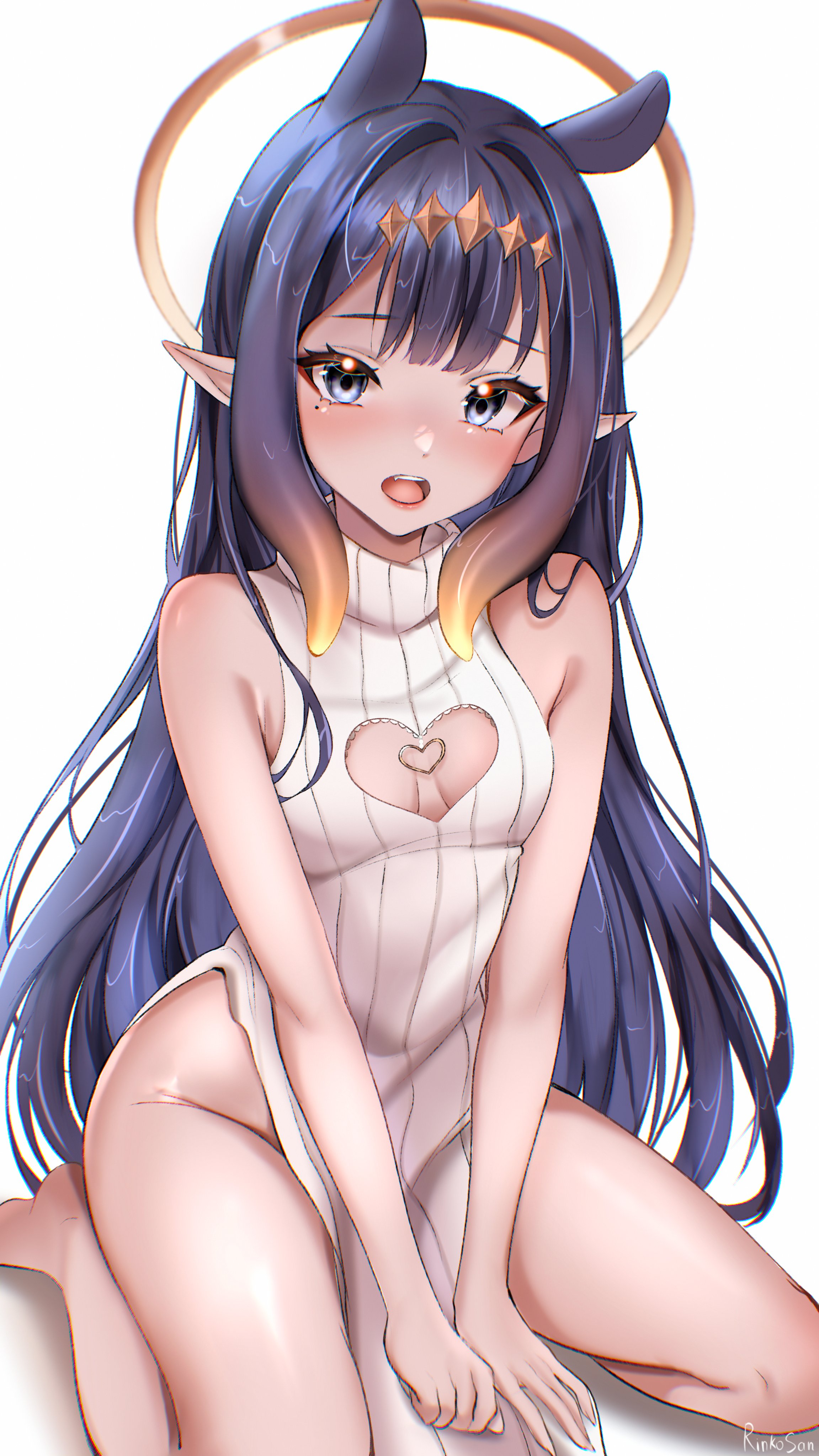 rinkosannn, ninomae ina'nis, hololive, hololive english, absurdres, highres, 1girl, artist name, bare legs, black hair, breasts, cleavage cutout, clothing cutout, dress, gradient hair, grey eyes, halo, heart cutout, kneeling, long hair, mole, mole under eye, multicolored hair, no panties, open mouth, orange hair, pelvic curtain, pointy ears, ribbed dress, sleeveless, sleeveless dress, solo, tentacle hair, virtual youtuber