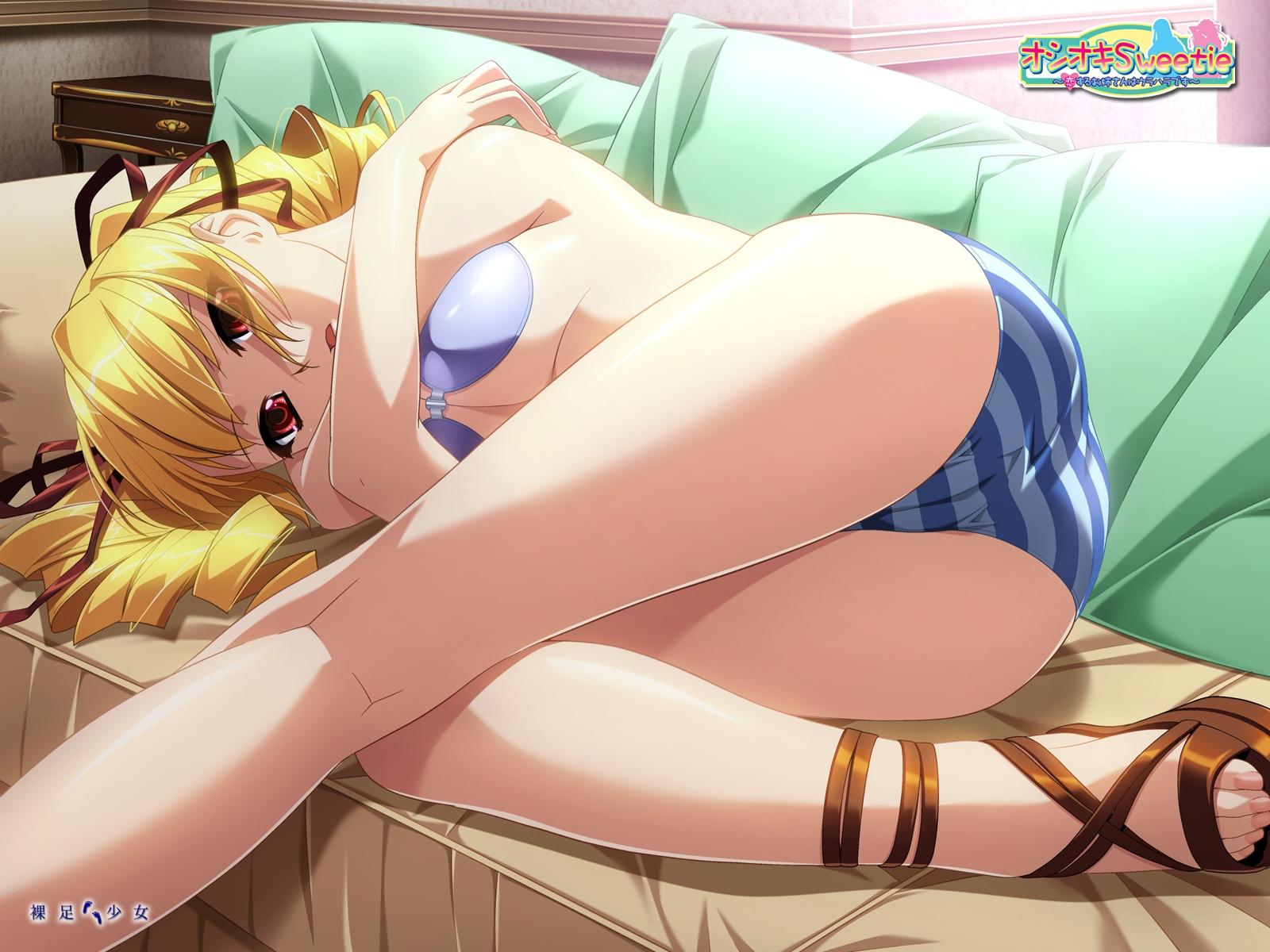 shinmeiji rinn, oshioki sweetie, highres, blonde hair, breasts, couch, drill hair, feet, legs, long hair, lying, panties, red eyes, ribbon, sandals, striped clothes, striped panties, toes, underboob, underwear