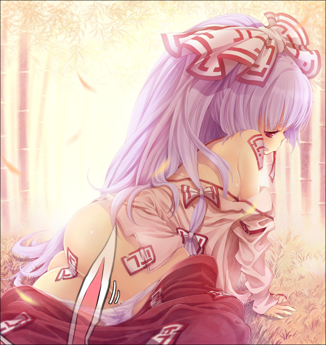 buriki, fujiwara no mokou, touhou, silver hair, 1girl, all fours, ass, bamboo, bamboo forest, bare shoulders, breasts, censored, convenient censoring, female focus, forest, hair ornament, hair ribbon, long hair, nature, panties, panty pull, ponytail, purple hair, red eyes, ribbon, smirk, solo, underwear