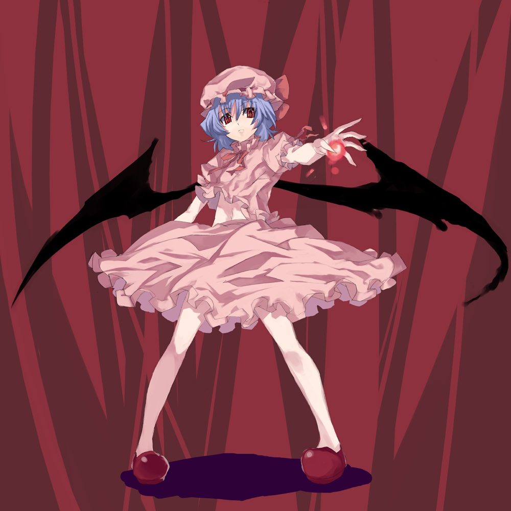 regu (reg95), remilia scarlet, touhou, 1girl, bat wings, female focus, full body, hat, pink hat, red shoes, shoes, solo, wings