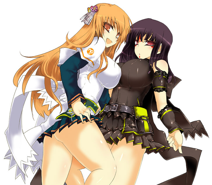 aoguu, hinazuki ririna, umegiri iroha, beatmania iidx, beatmania iidx 9th style, bemani, 2girls, ass, breast press, breasts, huge breasts, large breasts, long hair, multiple girls, open mouth, pleated skirt, simple background, skirt, symmetrical docking, white background