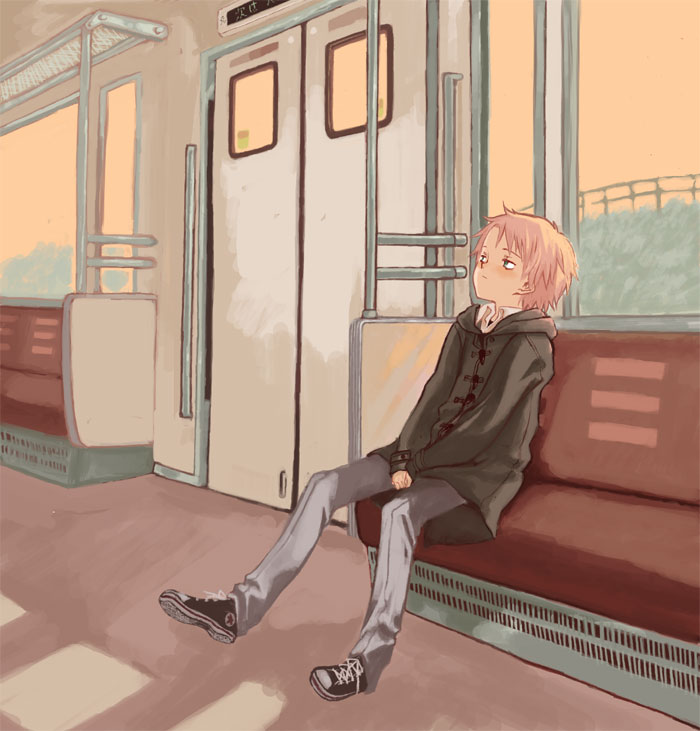 tagme, 1girl, female focus, green eyes, red hair, solo, train, train interior