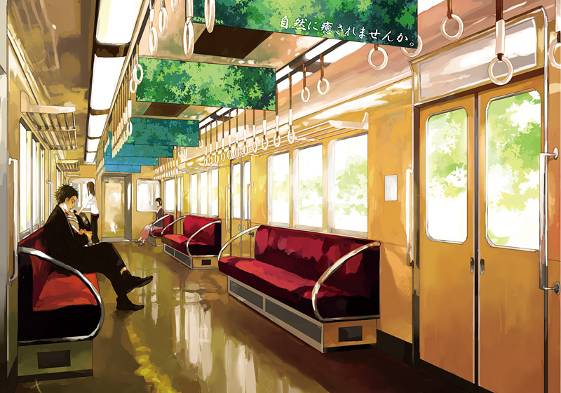 artist request, source request, 1boy, 2girls, bag, banner, black suit, blouse, day, formal clothes, hand grip, multiple girls, reflective floor, shirt, sitting, slice of life, standing, suit, train, train interior, unworn bag, vanishing point, white shirt