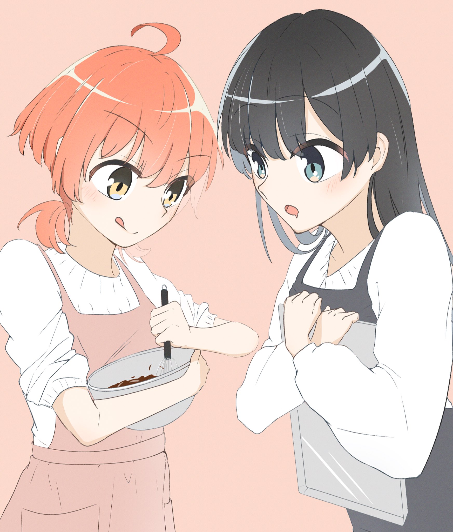koito yuu, nanami touko, yagate kimi ni naru, commentary request, highres, 2girls, apron, black apron, black eyes, black hair, blush, bowl, holding, holding bowl, holding whisk, long sleeves, low twintails, multiple girls, nobunaga (nbng g), open mouth, orange hair, pink apron, pink background, short hair, short twintails, simple background, sleeves rolled up, sweater, tongue, tongue out, twintails, whisk, white sweater, yellow eyes