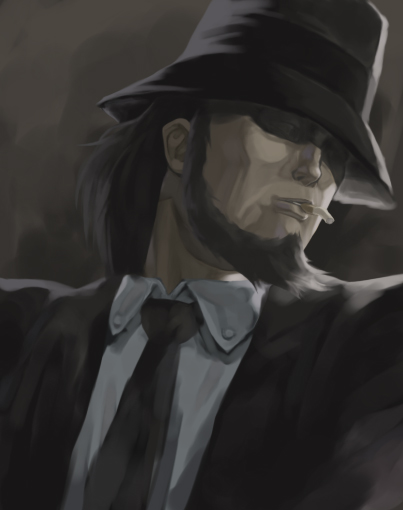 you2, jigen daisuke, lupin iii, tms entertainment, 1boy, beard, black hair, black necktie, cigarette, collared shirt, dutch angle, facial hair, fedora, formal clothes, hat, male focus, necktie, shirt, solo, suit, white shirt