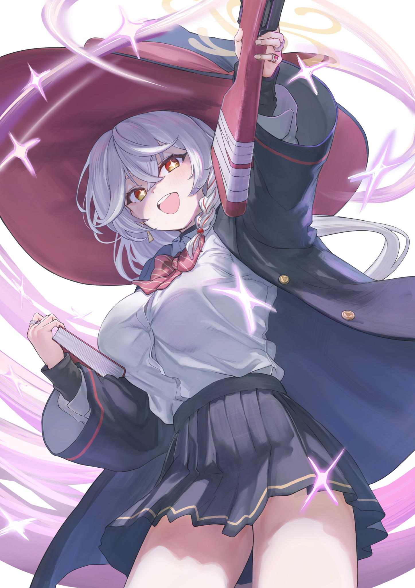 marulire, eri (blue archive), blue archive, commentary request, highres, + +, 1girl, aiming, black skirt, bolt action, book, bow, bowtie, braid, breasts, carcano, from below, gun, halo, hat, holding, holding weapon, large breasts, long hair, miniskirt, open mouth, pleated skirt, red streaks, rifle, shirt, side halo, simple background, skirt, smile, solo, sparkling eyes, thighs, tilted halo, weapon, white background, white shirt, witch hat