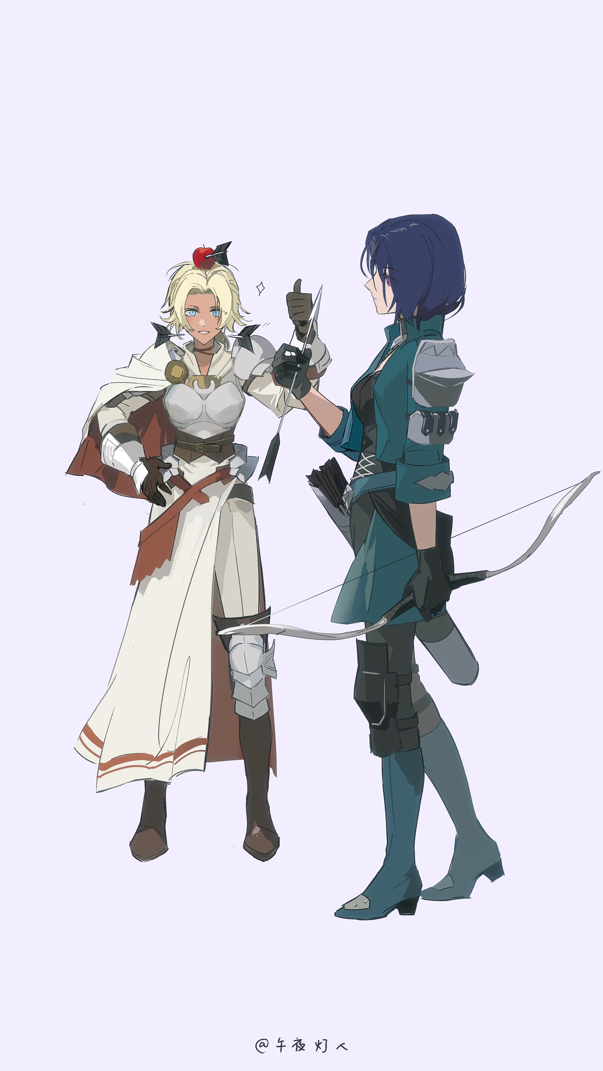 artuvia, catherine (fire emblem), shamir nevrand, fire emblem, fire emblem: three houses, nintendo, absurdres, highres, 2girls, apple, armor, arrow (projectile), bow (weapon), food, fruit, grin, multiple girls, purple background, shoulder armor, smile, standing, thumbs up, weapon