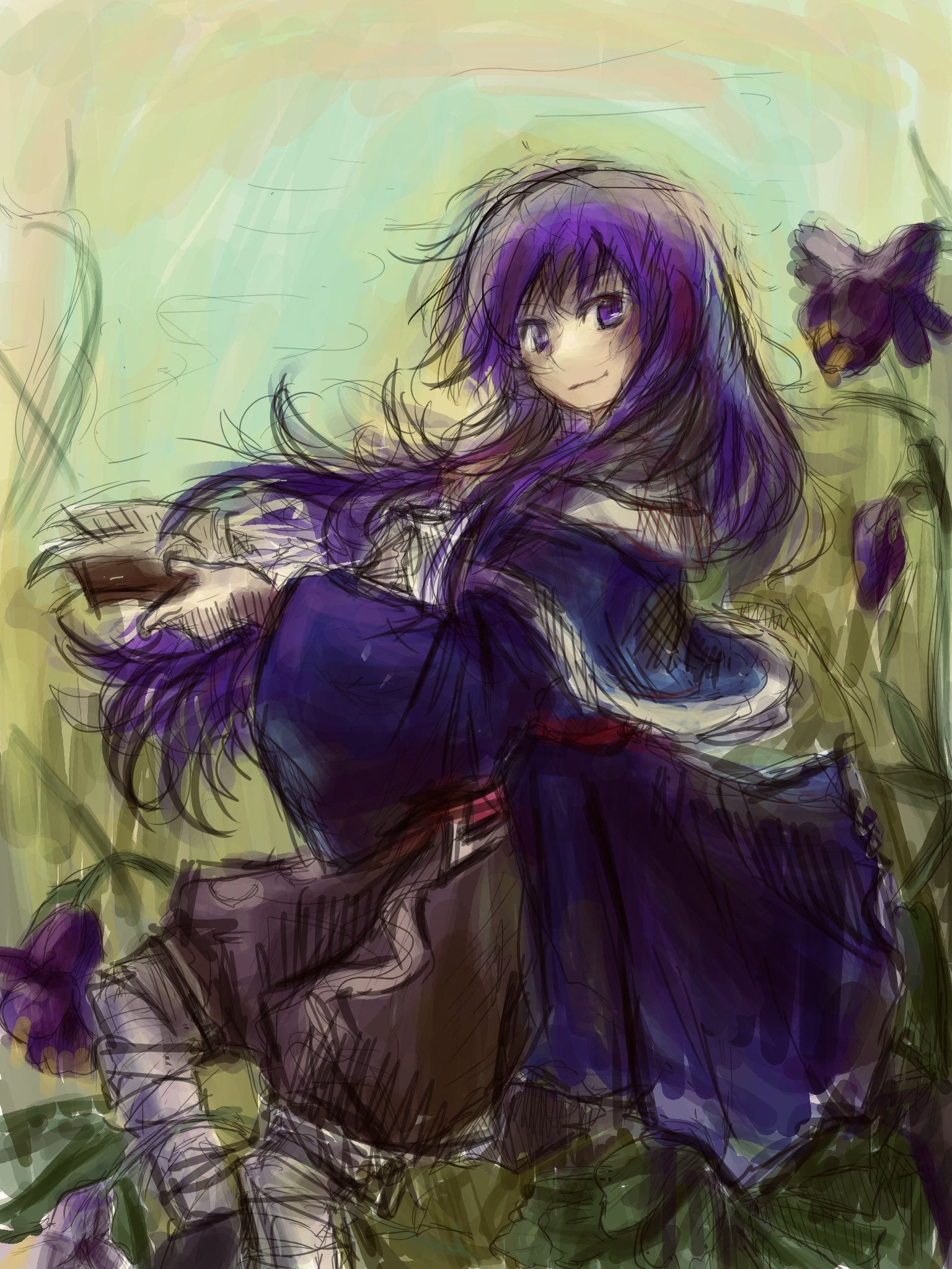 boli yan moni qi, clause (len'en), len'en, highres, 1other, androgynous, baggy pants, bandaged leg, bandages, black shoes, blue capelet, blue coat, book, brown pants, bud, capelet, closed mouth, coat, collared shirt, day, feet out of frame, flower, green sky, happy, holding, holding book, iris (flower), long hair, long sleeves, looking at viewer, other focus, outdoors, pants, pink shirt, purple eyes, purple flower, purple hair, shirt, shoes, sidelocks, sky, smile, solo, very long hair, wide sleeves