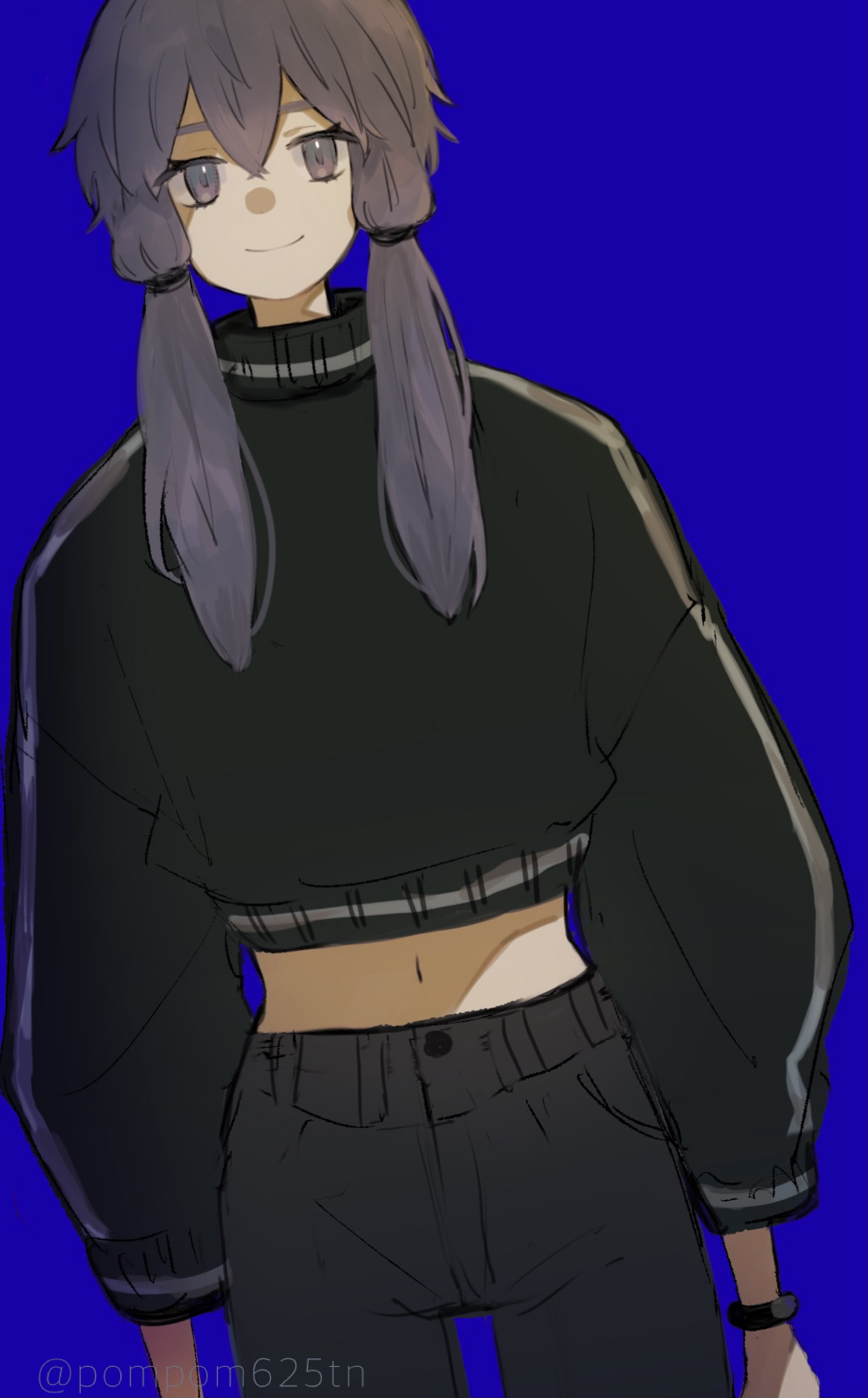 imamiya pinoko, yuzuki yukari, voiceroid, highres, 1girl, blue background, denim, jeans, midriff, pants, purple eyes, purple hair, short hair with long locks, simple background, smile, solo