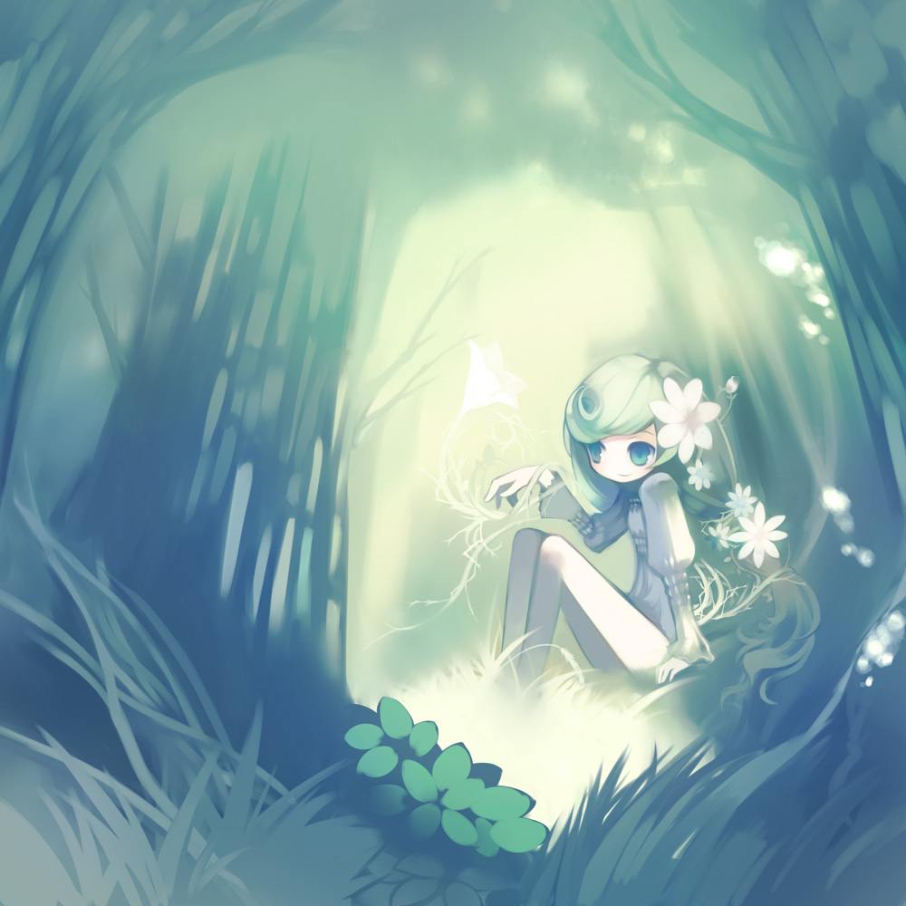 puti devil, original, pixiv fantasia, light, fantasy, flower, forest, grass, green eyes, green hair, green theme, long hair, nature, scenery, sitting, solo, tree