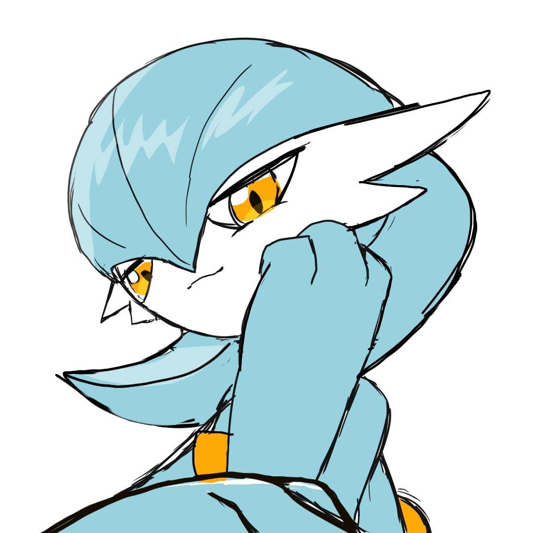 monya, gardevoir, nintendo, pokemon, 1girl, :3, alternate color, blue hair, blue skin, bob cut, closed mouth, colored skin, female focus, gen 3 pokemon, hair between eyes, half-closed eyes, hand on own cheek, hand on own face, happy, looking at viewer, multicolored skin, orange eyes, pokemon (creature), shiny pokemon, short hair, simple background, sketch, smile, solo, two-tone skin, upper body, white background, white skin