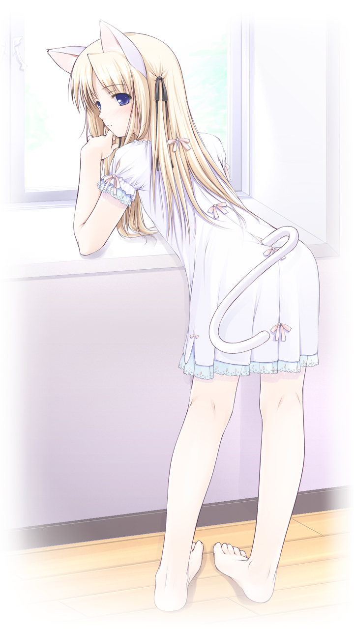 ooji, highres, 1girl, animal ears, barefoot, blonde hair, cat ears, cat tail, female focus, lingerie, nightgown, solo, tail, underwear