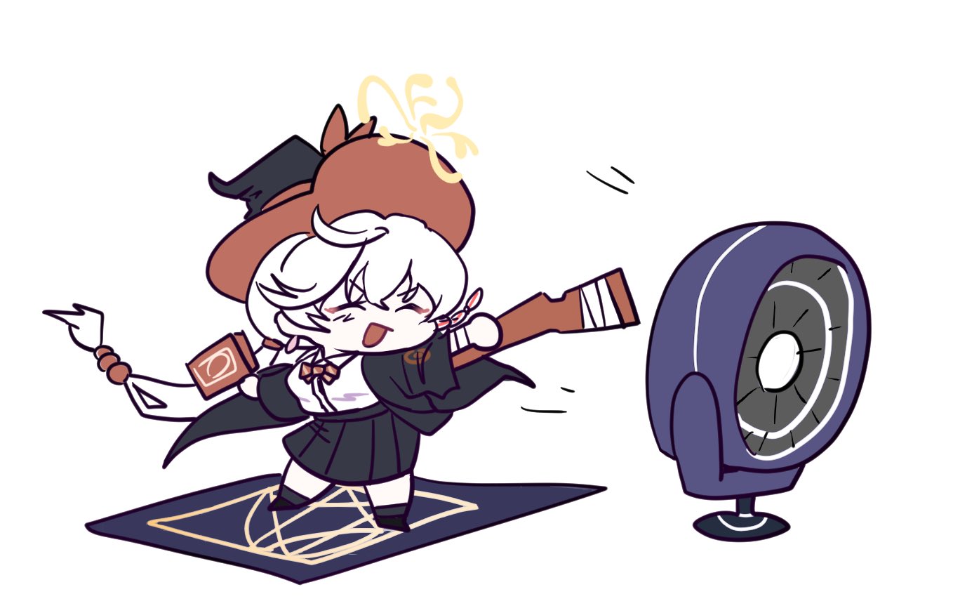 eri (blue archive), blue archive, book, bow, bowtie, braid, carpet, chibi, closed eyes, electric fan, halo, hat, holding, holding book, jacket, long coat, long hair, magic circle, shirt, skirt, sweater, white hair, wind, witch hat