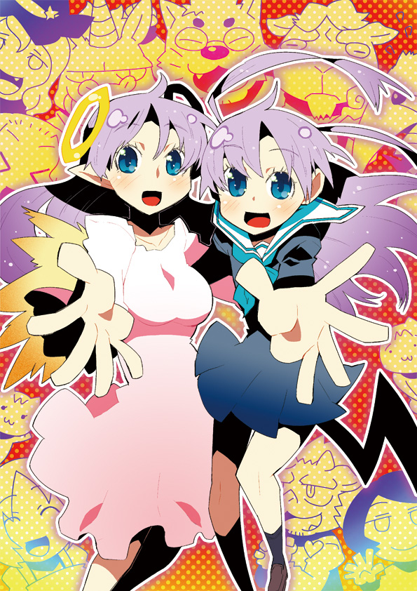 hamamoto ryuusuke, blue eyes, dress, halo, long hair, pointy ears, purple hair, sailor, school uniform, serafuku