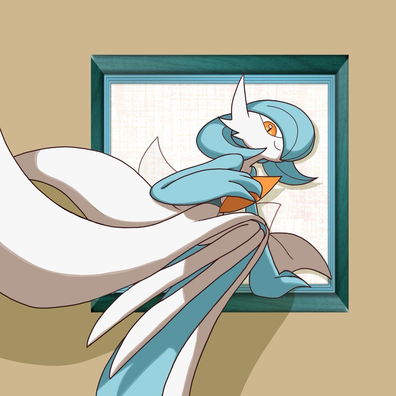 monya, gardevoir, nintendo, pokemon, alternate color, blue hair, blue skin, bob cut, closed mouth, colored skin, flat chest, full body, gen 3 pokemon, hair over one eye, hand up, happy, jumping, legs together, long legs, looking at viewer, multicolored skin, no feet, one eye covered, orange eyes, picture frame, pokemon (creature), shiny pokemon, short hair, smile, through medium, through painting, two-tone skin, white skin