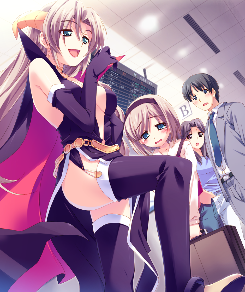 kusukusu, christof clement, claudia clement, sakura strasse, luggage, game cg, 2boys, 2girls, :d, airport, aqua eyes, boots, brother and sister, cape, collar, earrings, elbow gloves, gloves, green eyes, hairband, horns, jewelry, long hair, mole, mole under mouth, multiple boys, multiple girls, open mouth, siblings, smile, tears, thighhighs, trap, wavy mouth, witch