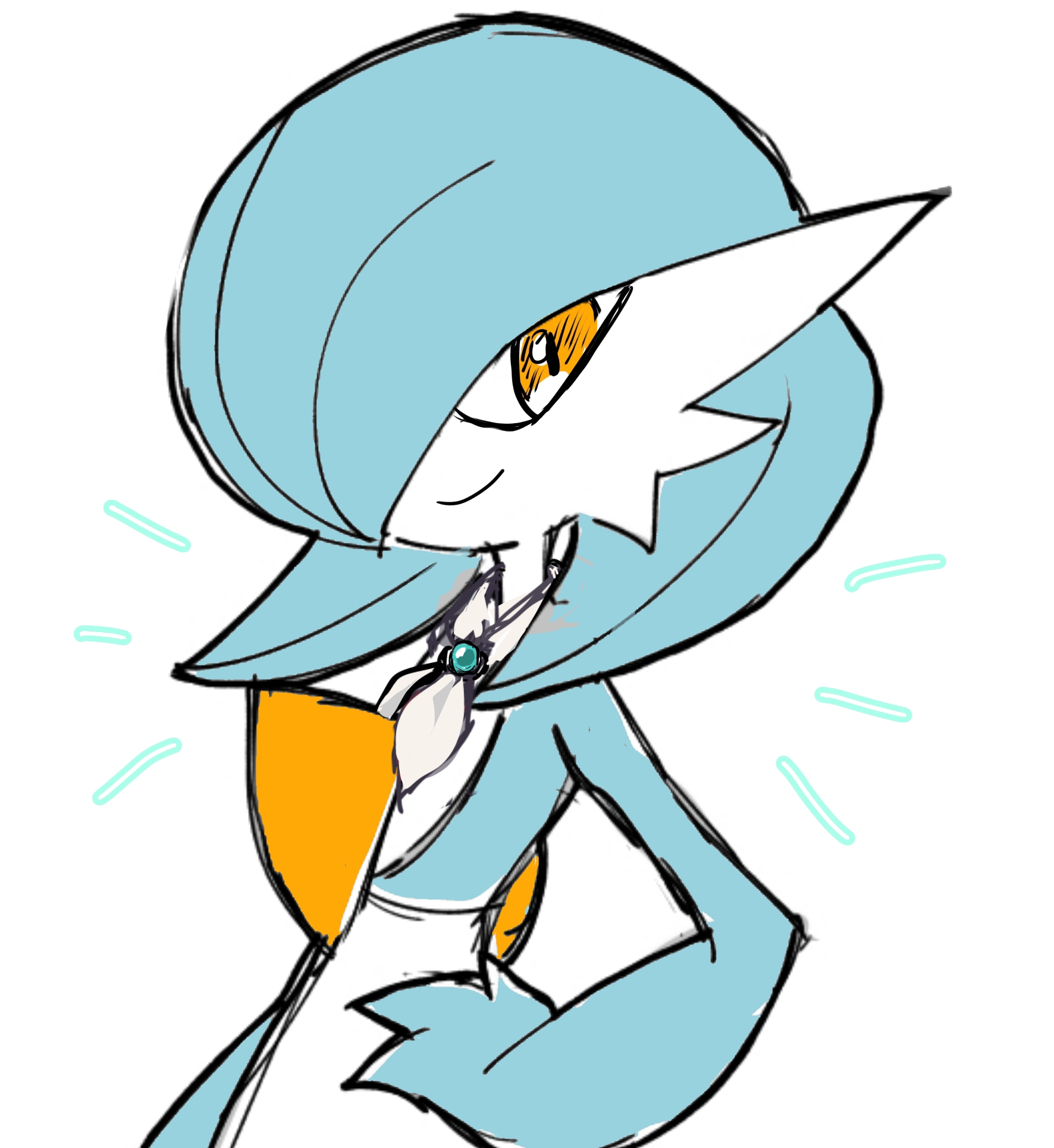 monya, gardevoir, nintendo, pokemon, alternate color, arm at side, bandana, bandana around neck, blue hair, blue skin, bob cut, closed mouth, colored skin, flat chest, flat color, gen 3 pokemon, grey bandana, hair over one eye, hand on own hip, happy, looking at viewer, multicolored skin, notice lines, one eye covered, orange eyes, pokemon (creature), shiny pokemon, short hair, simple background, sketch, smile, standing, two-tone skin, upper body, white background, white skin