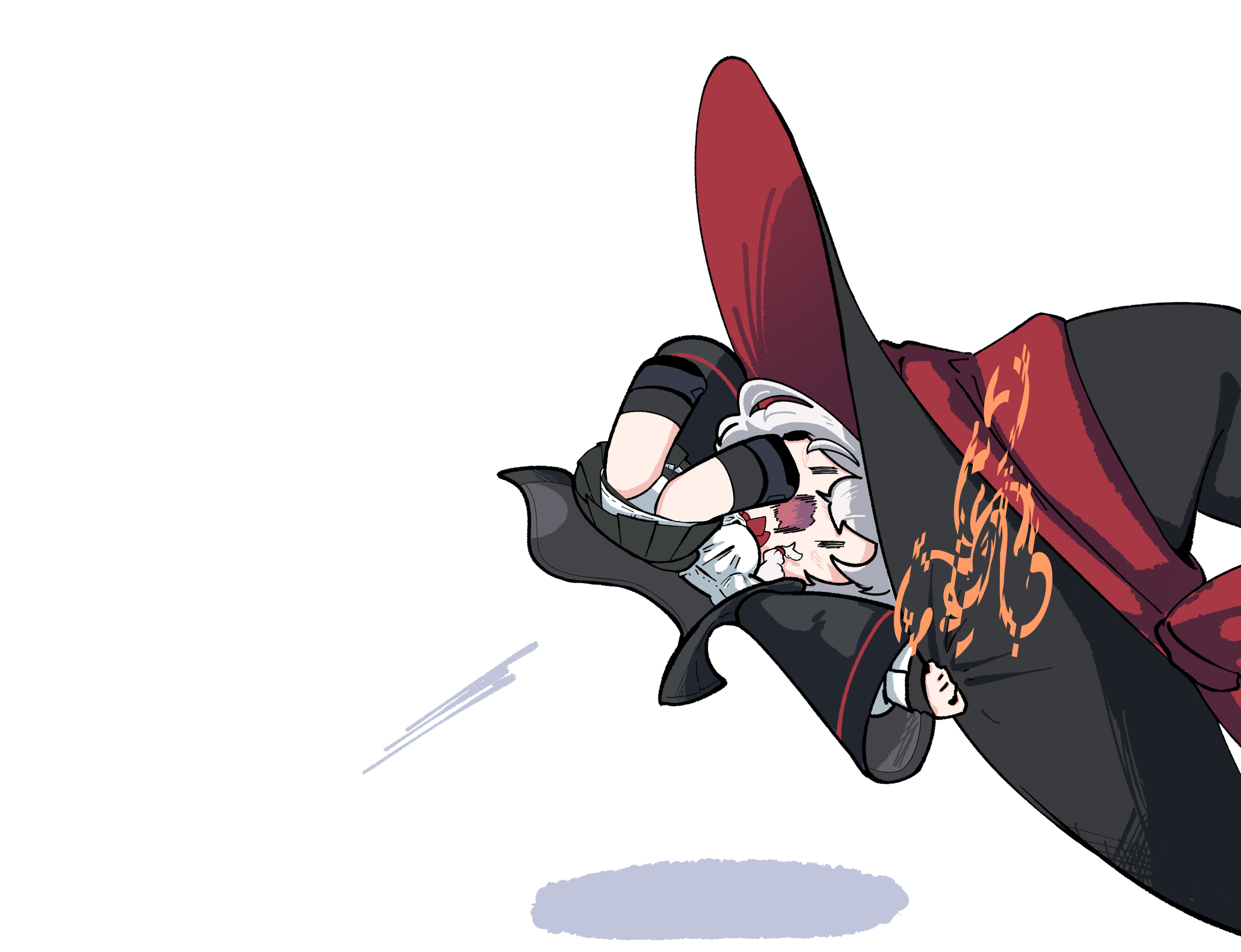 eri (blue archive), blue archive, blown away, bow, bowtie, braid, chibi, halo, hat, jacket, large hat, long coat, long hair, orange eyes, panties, shadow, shirt, skirt, sweater, underwear, upskirt, white hair, witch hat