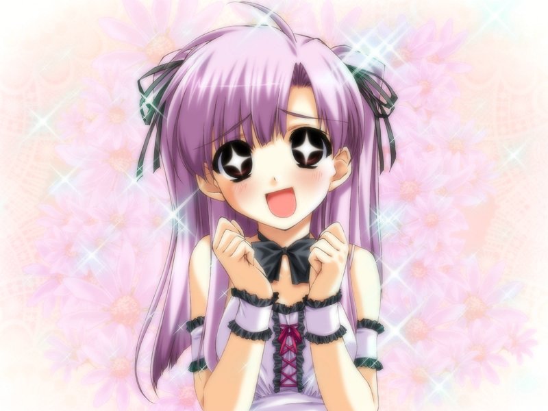 shingyouji mao, boy meets girl, happiness!, + +, 00s, 1girl, :d, blush, breasts, brown eyes, female focus, long hair, open mouth, purple hair, ribbon, small breasts, smile, solo, sparkle, two side up