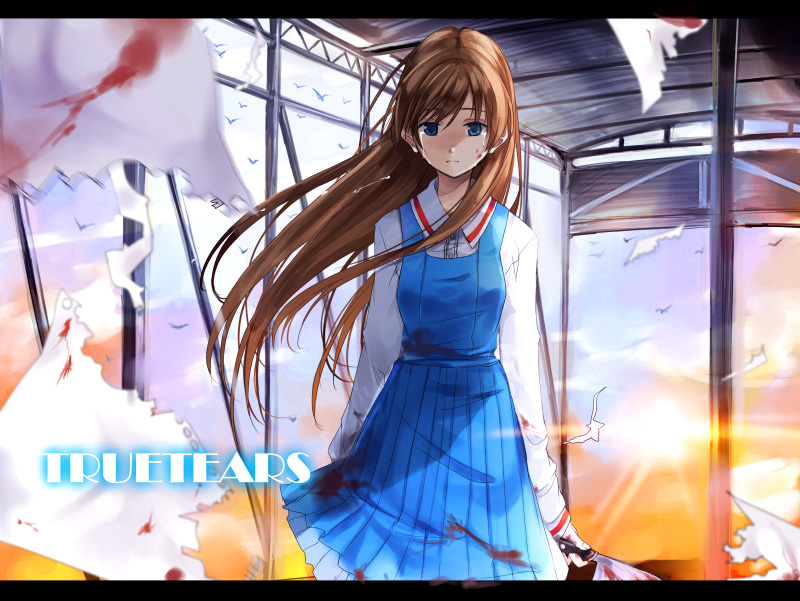 hamayumiba sou, yuasa hiromi, true tears, 00s, 1girl, blood, blue eyes, brown hair, female focus, knife, letterboxed, paper, solo, tears, wind, yandere