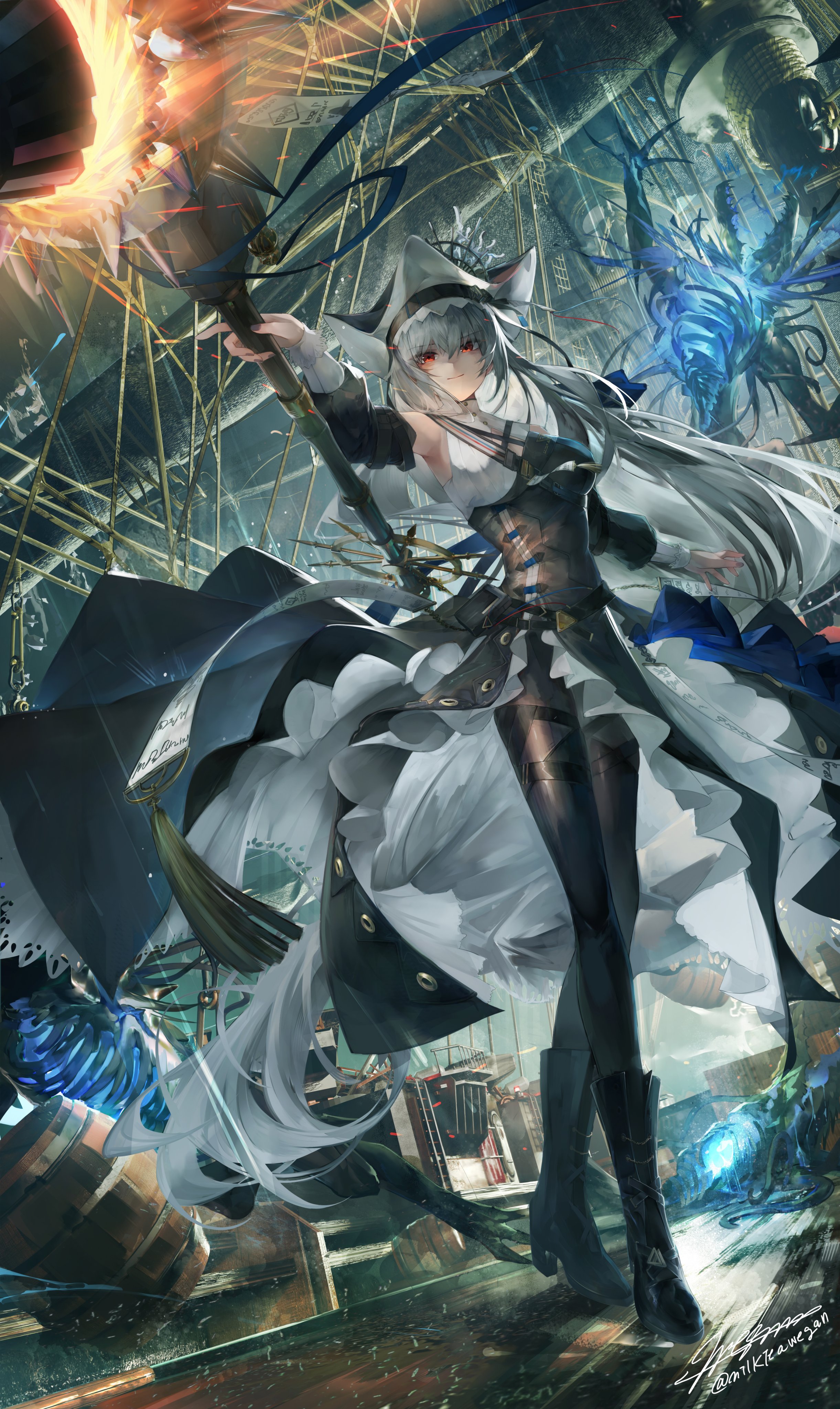 milktea wegan, specter (arknights), specter the unchained (arknights), arknights, absurdres, highres, 1girl, arm up, artist name, barrel, black boots, black dress, black hat, black nails, black pantyhose, boots, buckle, closed mouth, clothing cutout, collared dress, criss-cross straps, detached sleeves, dress, frills, full body, grey hair, hat, high collar, holding, holding weapon, long hair, long sleeves, official alternate costume, pantyhose, pelvic curtain, red eyes, ship, side slit, signature, smile, solo, standing, thigh strap, two-sided fabric, two-sided headwear, watercraft, weapon