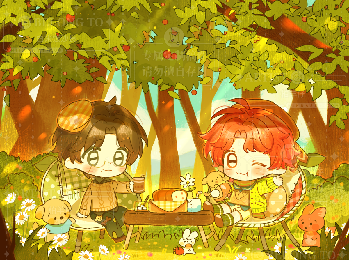 original, 1boy, 1girl, ;3, bai yang zi, blush stickers, bread, brown hair, brown shirt, brown shoes, brown sweater, burger, cardigan, chair, chibi, chibi only, closed mouth, daisy (flower), day, dog, flower, food, forest, fox, grass, green cardigan, green eyes, green pants, green socks, hat, holding, holding food, long sleeves, monocle, nature, one eye closed, open cardigan, open clothes, orange hat, outdoors, pants, parted bangs, plaid hat, red eyes, red hair, ribbed socks, shirt, shoes, short hair, shorts, smile, socks, sweater, table, tree, watermark, white flower, white shorts