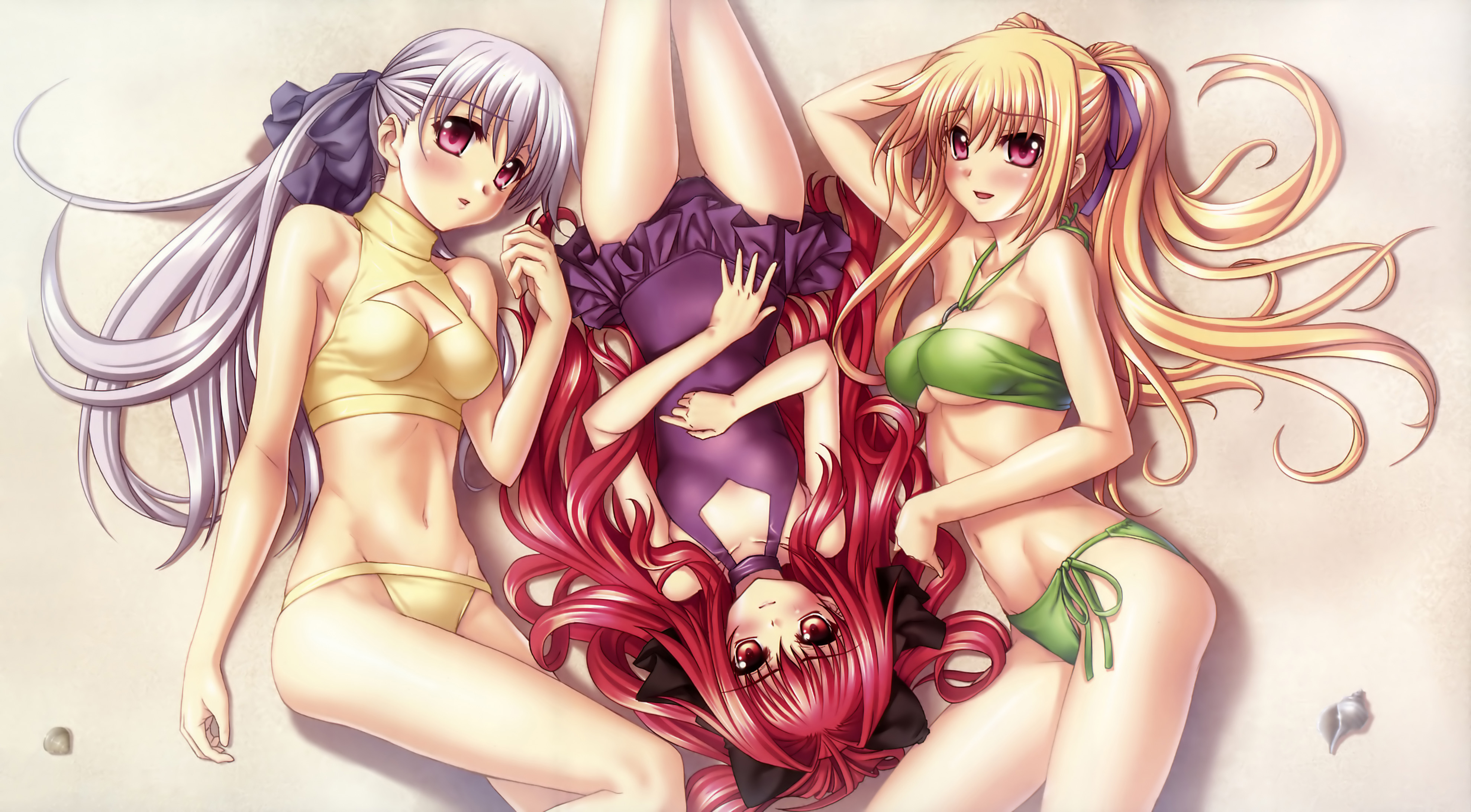 kannatsuki noboru, corticarte apa lagranges, yugiri perserte, yugiri princesca, shinkyoku soukai polyphonica, frilled swimsuit, silver hair, absurdres, highres, official art, scan, 00s, 3girls, :d, beach, bikini, blonde hair, blush, breasts, casual one-piece swimsuit, choker, cleavage, cleavage cutout, clothing cutout, embarrassed, flat chest, frills, from above, hair intakes, hair ribbon, large breasts, legs, lineup, long hair, lowleg, lowleg bikini, lying, multiple girls, nude, on back, on side, one-piece swimsuit, open mouth, outdoors, pink eyes, ponytail, purple eyes, red eyes, red hair, ribbon, seashell, shell, siblings, side-tie bikini bottom, sisters, smile, sports bikini, swimsuit, take your pick, thigh gap, turtleneck, twintails, underboob, very long hair