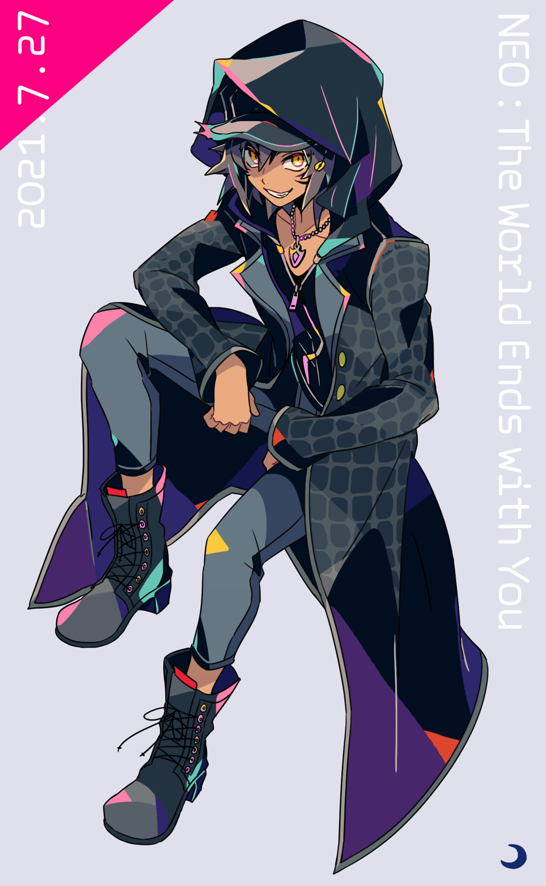 mizuki tsukimori, minamimoto sho, shin subarashiki kono sekai, subarashiki kono sekai, commentary request, highres, 1boy, boots, collarbone, copyright name, dated, grey pants, grin, hat, hood, hood up, jacket, jewelry, leather, leather jacket, looking at viewer, male focus, necklace, orange eyes, pants, smile, solo, zipper