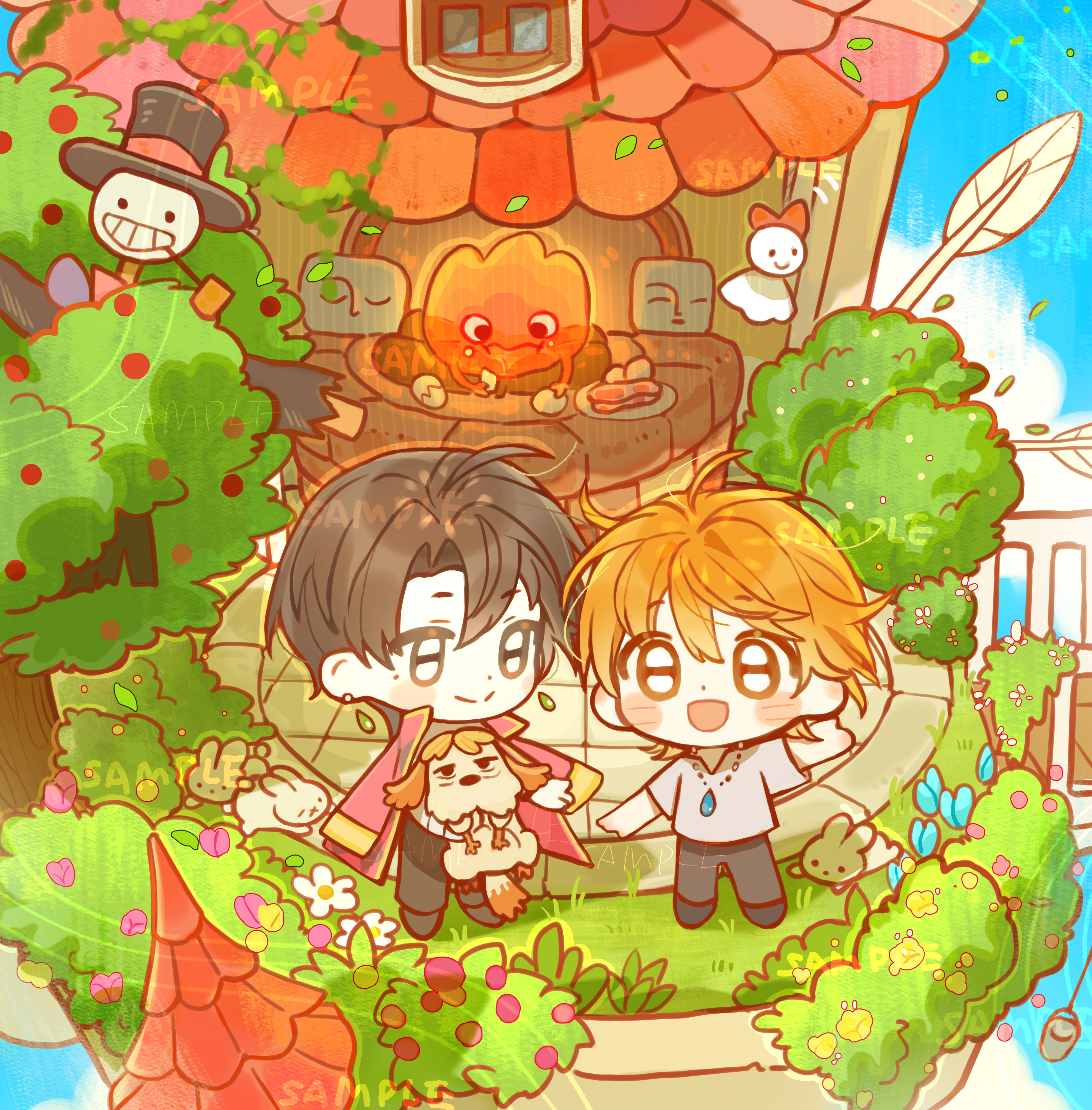 original, absurdres, highres, 2boys, :d, animal, bai yang zi, bird, black hair, black pants, black shoes, blush stickers, bush, chibi, chibi only, closed mouth, coat, day, holding, holding animal, holding bird, house, jewelry, male focus, multiple boys, necklace, open clothes, open coat, open mouth, orange hair, outdoors, pants, red coat, shirt, shoes, short hair, short sleeves, smile, standing, tree, white shirt