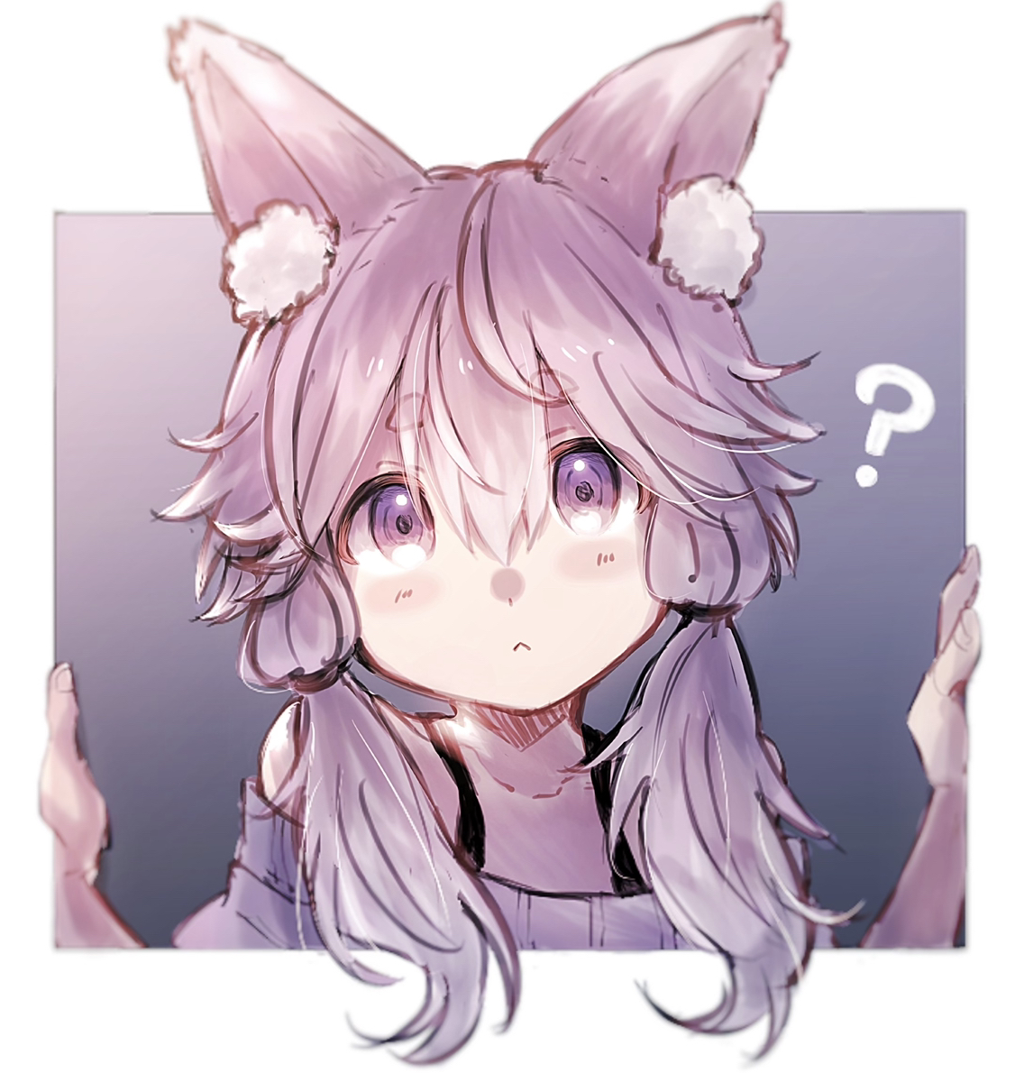 imamiya pinoko, yuzuki yukari, voiceroid, 1girl, :<, ?, animal ears, dog ears, purple eyes, purple hair, short hair with long locks, simple background, solo