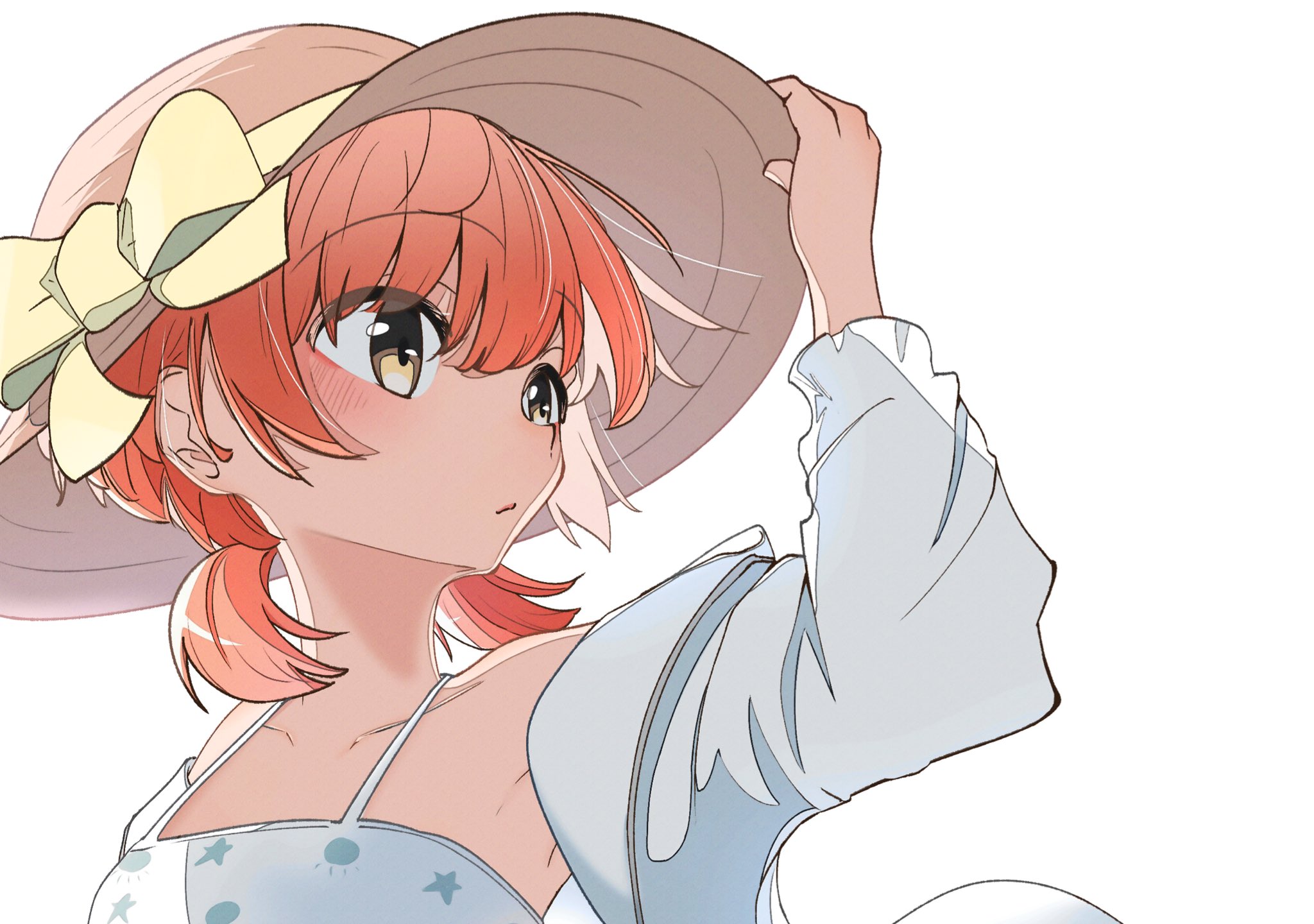 koito yuu, yagate kimi ni naru, commentary, hashtag-only commentary, highres, 1girl, bikini, blush, bow, brown eyes, brown hat, collarbone, hat, hat bow, jacket, long sleeves, low twintails, nobunaga (nbng g), open mouth, orange hair, short hair, short twintails, simple background, solo, spaghetti strap, sun hat, swimsuit, twintails, upper body, white background, white bikini, white jacket