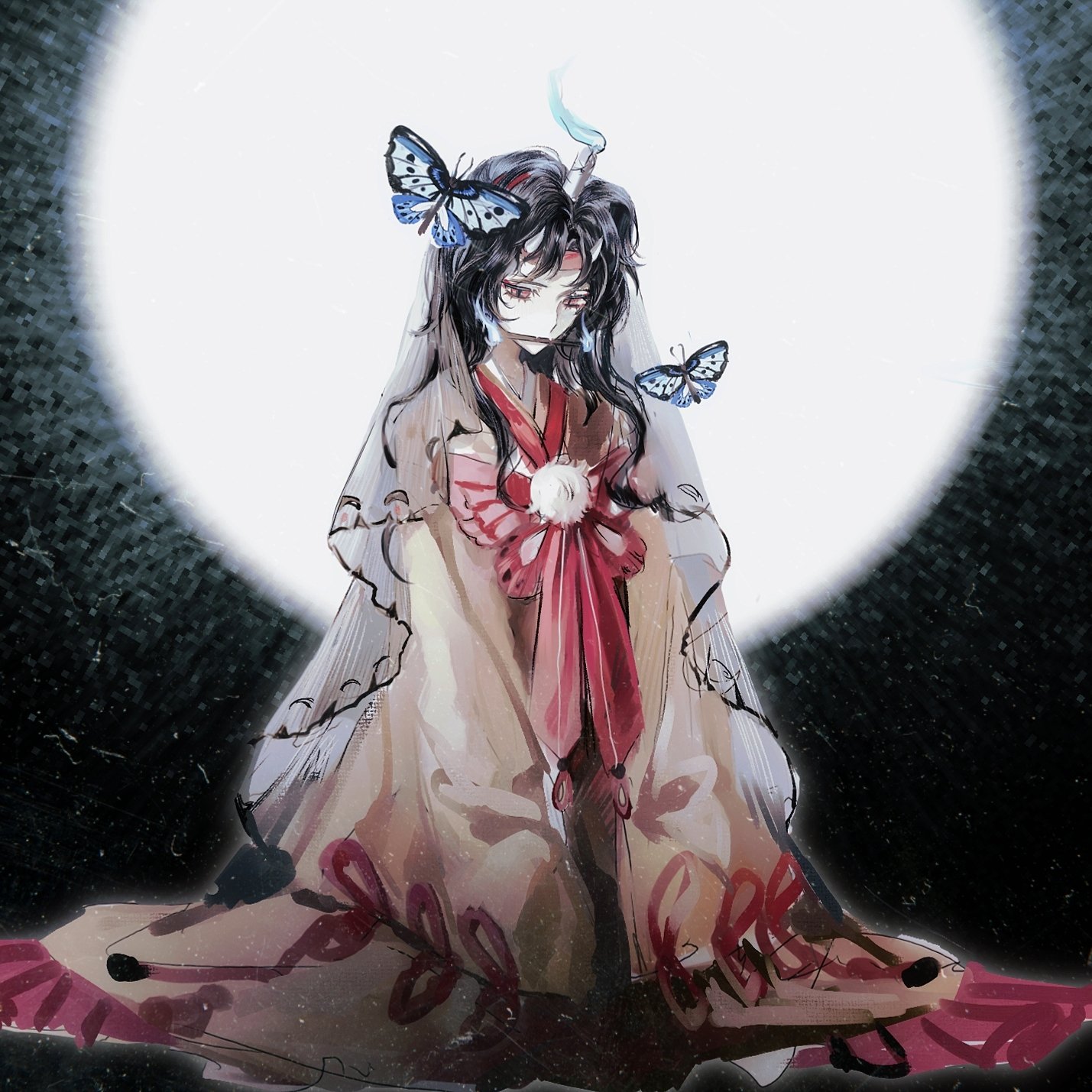 yinyong yu, taira no chouki, len'en, highres, 1other, androgynous, black hair, black sky, blue butterfly, blue fire, bow, bowtie, brown kimono, bug, butterfly, candle on head, demon horns, downturned eyes, eyelashes, fake horns, fangs, fire, full body, full moon, grey veil, hairband, headband, horns, insect, japanese clothes, kimono, long hair, long sleeves, moon, mouth guard, night, night sky, other focus, outdoors, pom pom (clothes), red bow, red bowtie, red eyes, red hairband, red headband, red ribbon, ribbon, see-through clothes, see-through veil, sidelocks, sitting, skin fangs, sky, sleeve ribbon, sleeves past fingers, sleeves past wrists, solo, striped bow, striped bowtie, striped clothes, veil, wavy hair, white horns, wide sleeves