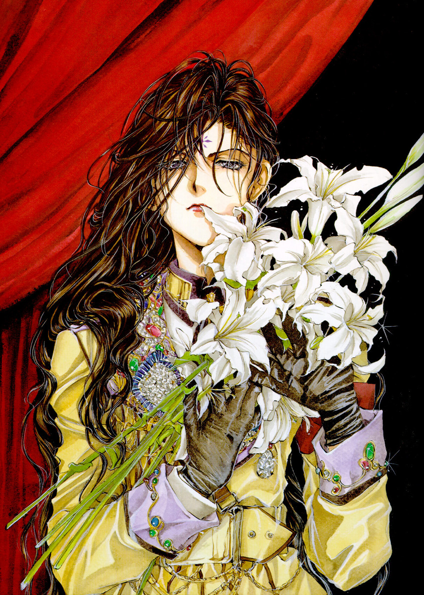 alexiel, yuki kaori, angel cage, angel sanctuary, artbook, highres, 1girl, angel, black gloves, bouquet, brown hair, curtains, easter lily, facial mark, female focus, flower, forehead mark, formal clothes, gem, gloves, jacket, jewelry, lily (flower), lips, lipstick, long hair, looking at viewer, makeup, red lips, solo, wavy hair, yellow jacket
