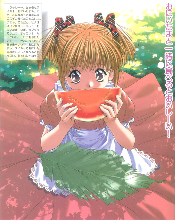 tenhiro naoto, hinako (sister princess), sister princess, 00s, 1girl, apron, blonde hair, brown eyes, dress, female focus, food, fruit, holding, holding food, holding fruit, holding watermelon, solo, watermelon