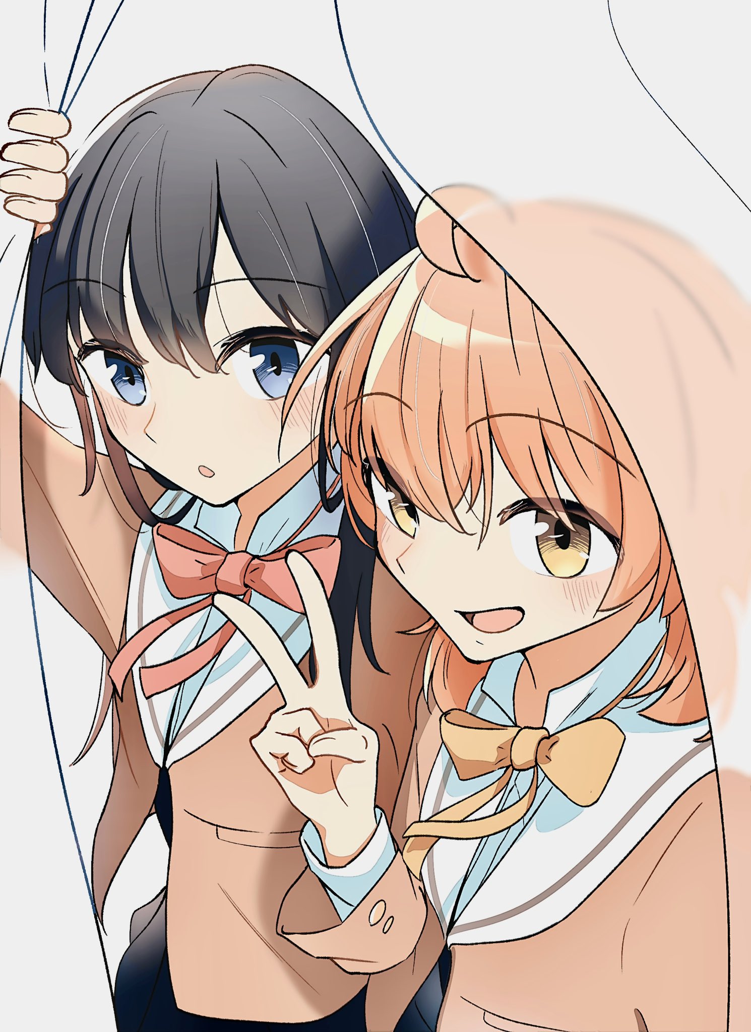 koito yuu, nanami touko, yagate kimi ni naru, commentary request, highres, 2girls, black hair, blue eyes, blush, brown shirt, hand up, long hair, low twintails, multiple girls, neck ribbon, nobunaga (nbng g), open mouth, orange hair, red ribbon, ribbon, sailor collar, school uniform, shirt, short hair, short twintails, tohmi higashi high school uniform, twintails, v, white sailor collar, yellow ribbon