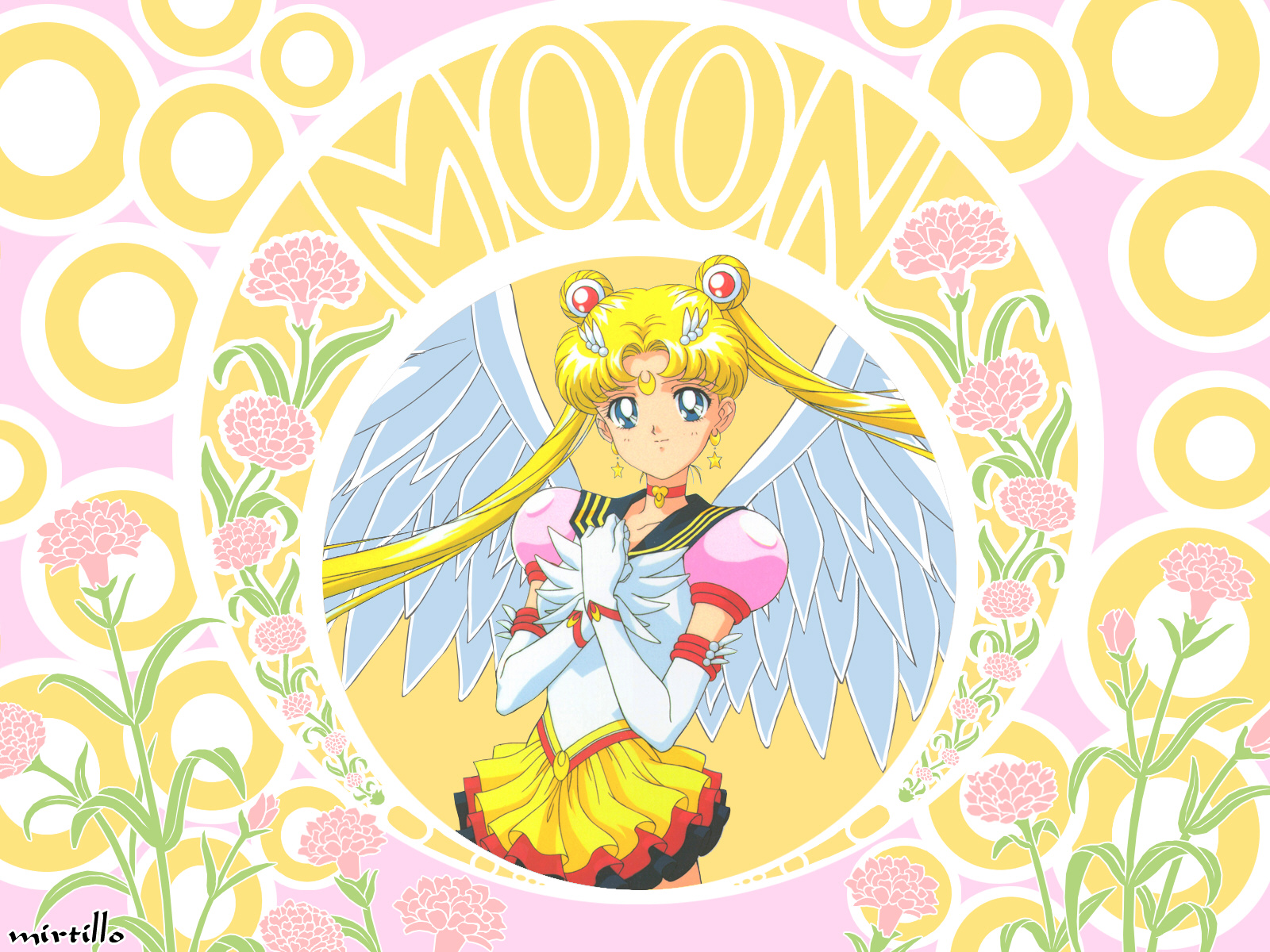 tadano kazuko, eternal sailor moon, sailor moon, tsukino usagi, bishoujo senshi sailor moon, bishoujo senshi sailor moon sailor stars, bishoujo senshi sailor moon stars, flower request, highres, 1990s (style), 1girl, art nouveau, blonde hair, blue eyes, blue sailor collar, brooch, choker, collar, crescent, crescent facial mark, crescent moon, crown, earrings, elbow gloves, facial mark, female focus, flower, gloves, hat, jewelry, layered skirt, magical girl, moon, retro artstyle, sailor collar, school uniform, serafuku, skirt, solo, tiara, twintails, white gloves, wing brooch, wings