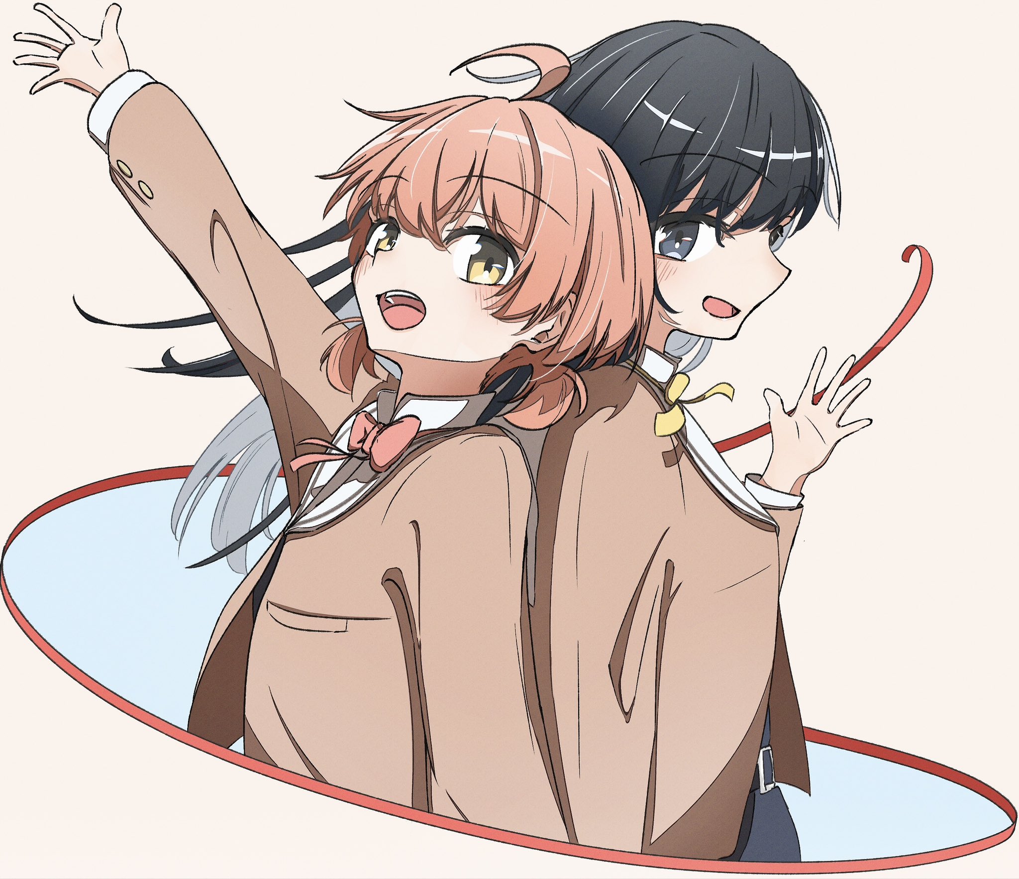 koito yuu, nanami touko, yagate kimi ni naru, commentary request, highres, 2girls, arm up, black eyes, black hair, blush, brown shirt, hand up, low twintails, multiple girls, neck ribbon, nobunaga (nbng g), open mouth, orange hair, red ribbon, ribbon, school uniform, shirt, short hair, short twintails, simple background, teeth, tohmi higashi high school uniform, twintails, upper teeth only, white background, yellow eyes, yellow ribbon