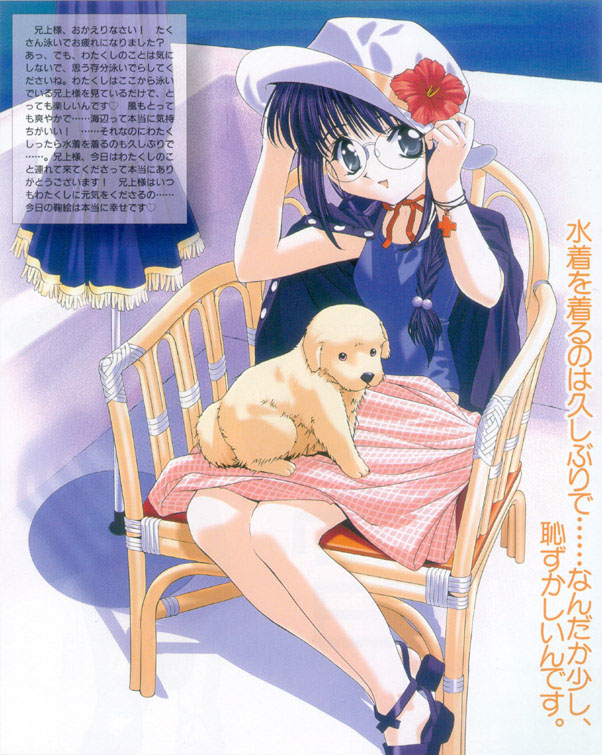 tenhiro naoto, marie (sister princess), michael (sister princess), sister princess, plaid, scan, 00s, 1girl, :d, animal, animal on lap, arms up, bare arms, blue eyes, blue hair, bracelet, braid, chair, cross, dog, female focus, flower, glasses, hair bobbles, hair ornament, hands on headwear, hat, hat flower, hibiscus, jacket, jacket on shoulders, jewelry, long hair, looking at viewer, matching hair/eyes, on chair, on lap, open mouth, round eyewear, shoes, sitting, smile, solo