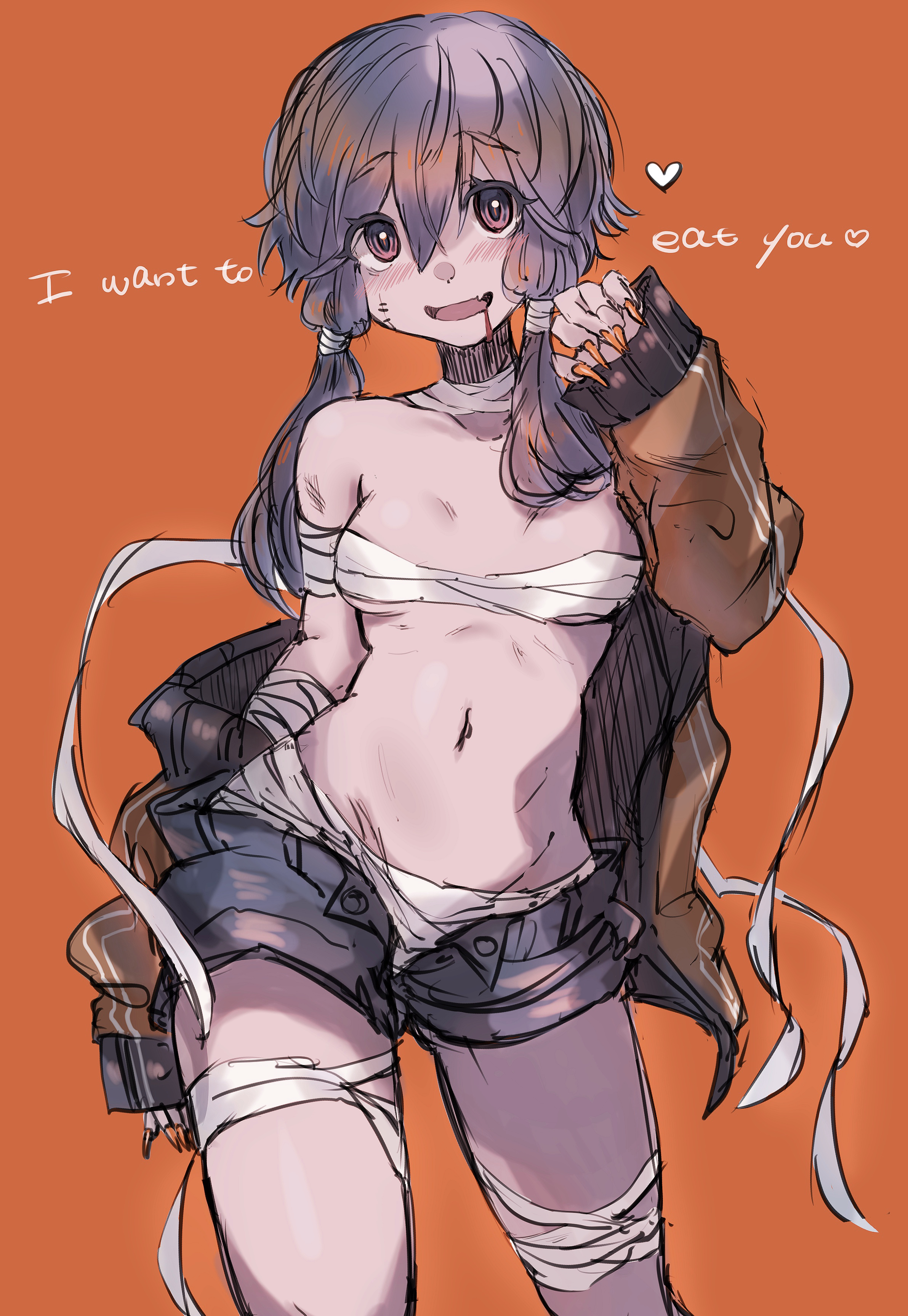 imamiya pinoko, yuzuki yukari, voiceroid, absurdres, highres, 1girl, breasts, english text, fang, halloween, halloween costume, medium breasts, navel, pink eyes, purple hair, short hair with long locks, short shorts, shorts, simple background, skin fang, small breasts, solo, wrapping