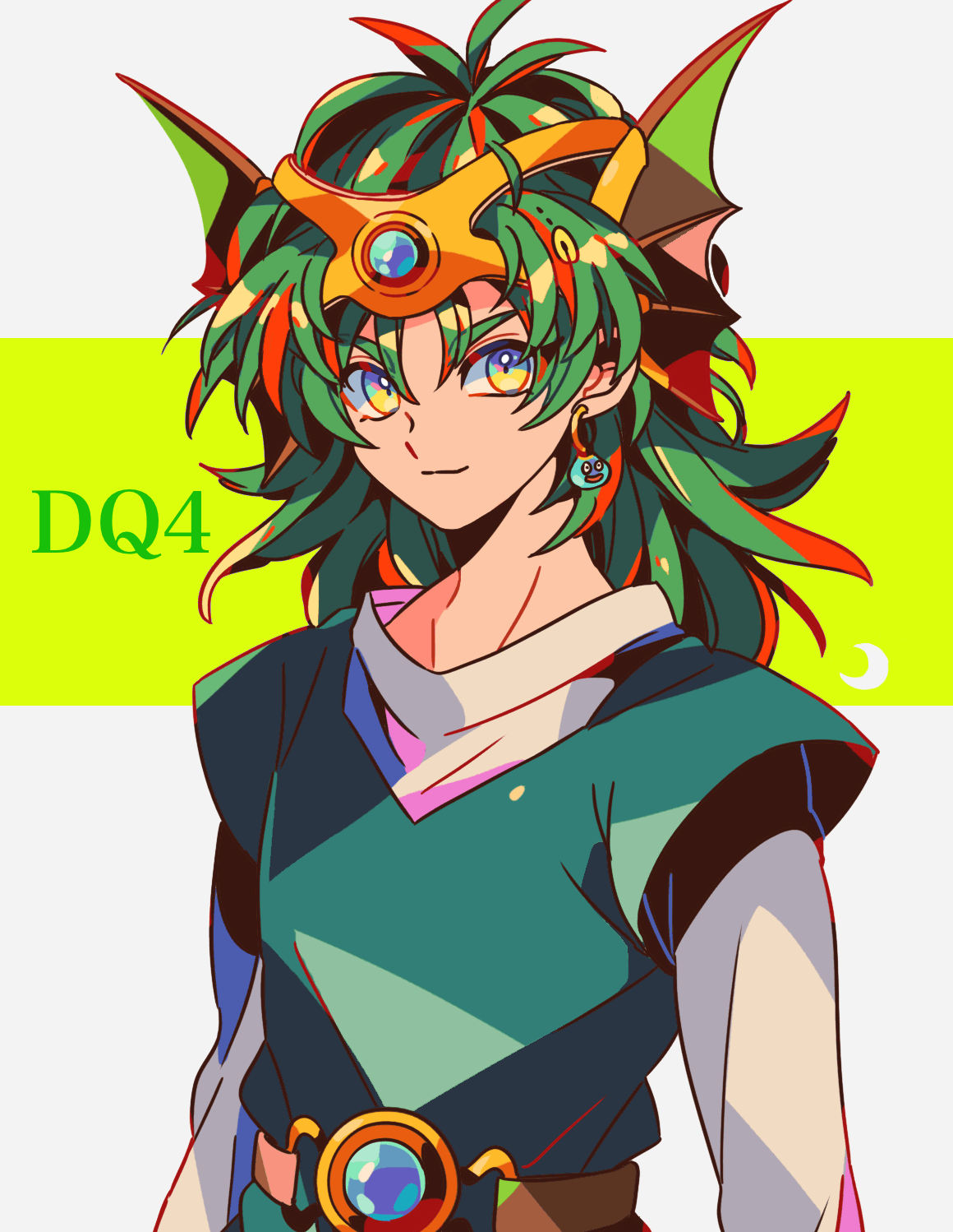 mizuki tsukimori, hero (dq4), slime (dragon quest), dragon quest, dragon quest iv, highres, 1boy, belt, brown belt, character ear piercing, closed mouth, copyright name, earrings, fins, green hair, green tunic, head fins, jewelry, looking at viewer, male focus, messy hair, smile, solo, tunic, upper body, v-shaped eyebrows