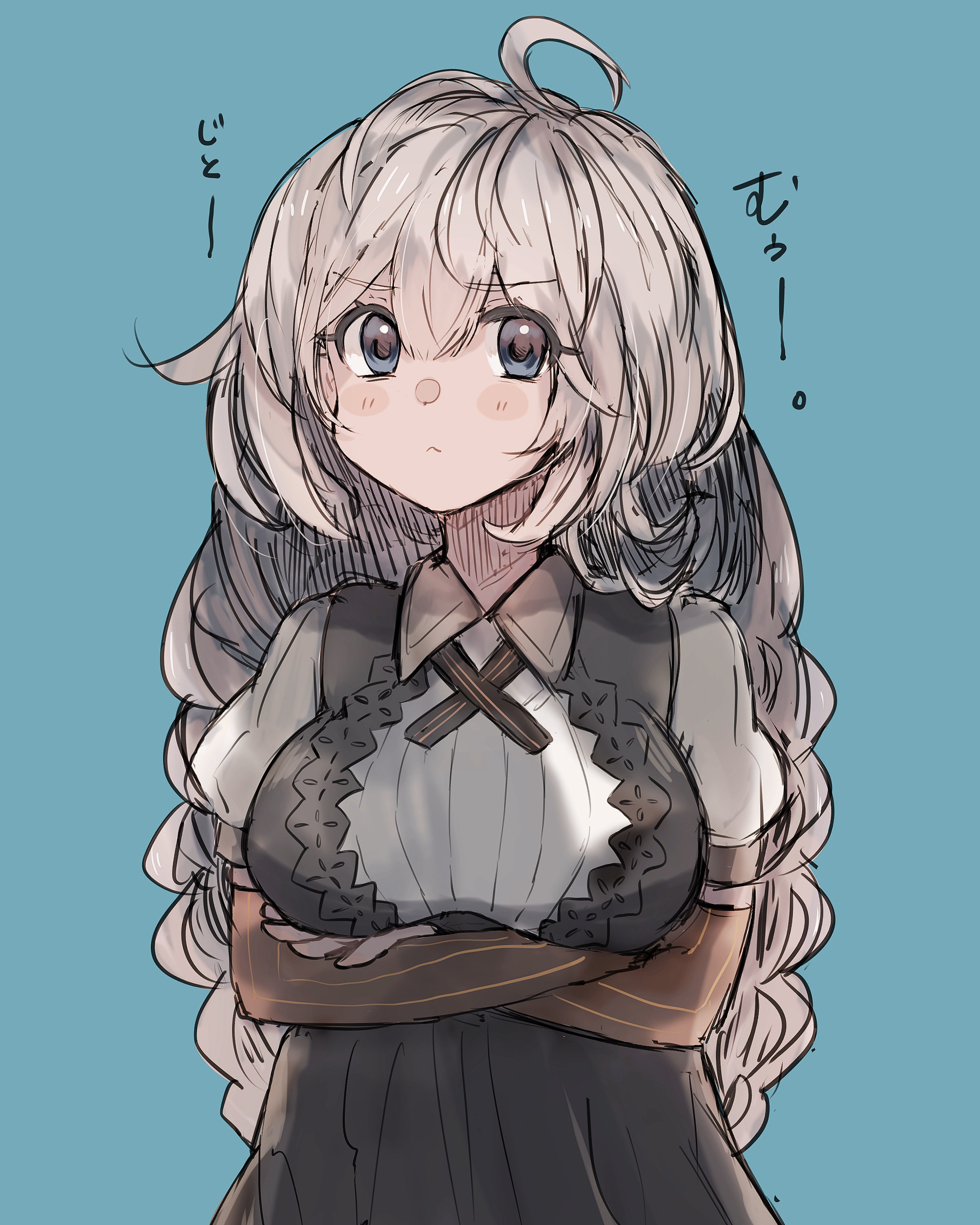 imamiya pinoko, kizuna akari, voiceroid, absurdres, highres, 1girl, :<, ahoge, blue eyes, braid, breasts, crossed arms, large breasts, long hair, pout, simple background, solo, twin braids, white hair