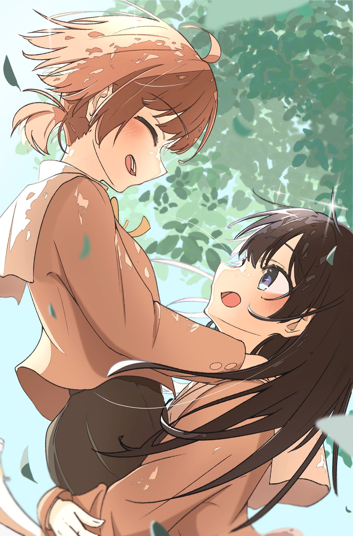 koito yuu, nanami touko, yagate kimi ni naru, commentary request, highres, 2girls, ahoge, black hair, blue eyes, blush, brown hair, brown shirt, chisato carrying takina (lycoris recoil), closed eyes, lifting person, long hair, low twintails, multiple girls, nobunaga (nbng g), open mouth, school uniform, shirt, short hair, short twintails, teeth, tohmi higashi high school uniform, twintails, upper teeth only