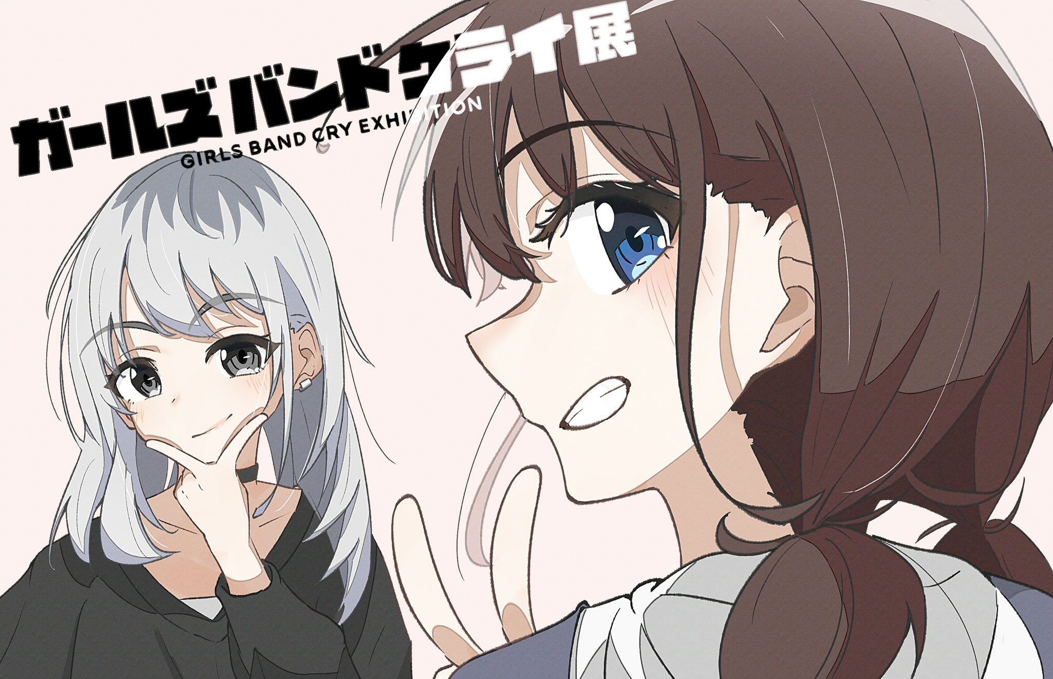 iseri nina, kawaragi momoka, girls band cry, commentary request, highres, 2girls, black choker, black sweater, blue eyes, blush, breasts, brown hair, choker, cleavage, closed mouth, collarbone, copyright name, earclip, grey hair, hand on own chin, long hair, low twintails, multicolored hair, multiple girls, nobunaga (nbng g), roots (hair), short hair, short twintails, sweater, twintails, upper body