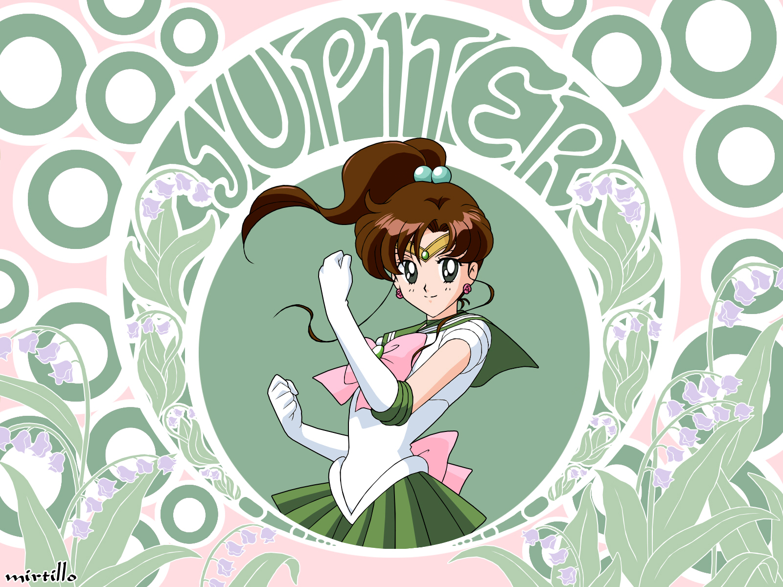 kino makoto, sailor jupiter, bishoujo senshi sailor moon, highres, 1990s (style), 1girl, art nouveau, bow, brown hair, earrings, elbow gloves, female focus, gloves, green eyes, green skirt, green theme, hair bobbles, hair ornament, jewelry, long hair, magical girl, pink bow, ponytail, retro artstyle, school uniform, serafuku, skirt, solo, tiara, white gloves